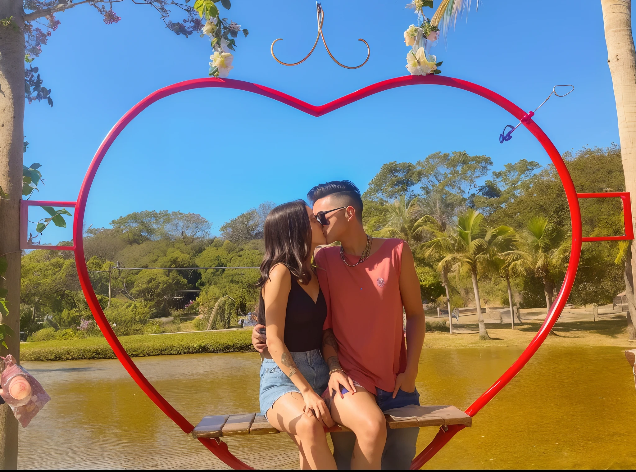 there are two people sitting on a bench in front of a heart shaped frame, couple, couple kissing, in love, in love selfie, by Nándor Katona, olivia de bernardinis, ❤🔥🍄🌪, edited, 😭 🤮 💕 🎀, 4 k post, 4k post, they are in love, 💋 💄 👠 👗