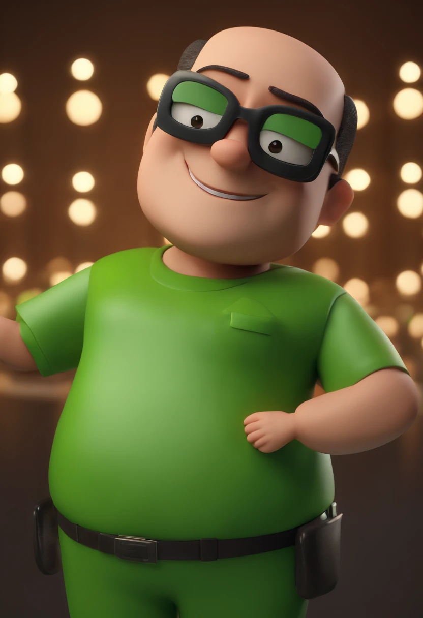 Cartoon character of a man wearing black glasses and a green shirt, um personagem animado, Caractere estilizado, animation style rendering, 3D estilizado, Arnold Maya render, 3 d render stylized, toon render keyshot, Personagem 3D, Personagem 3D, 3d rendering stylized, 3 d character render, personagem de desenho animado, Personagem de close up, Pose de personagem, (Estilo Pixar) (master part:1.2) (Bokeh) (best quality) (pele detalhada) (textura detalhada) (8k) (argila) (Cinematic lighting) (foco nítido，Senta e vaza a parte superior do corpo