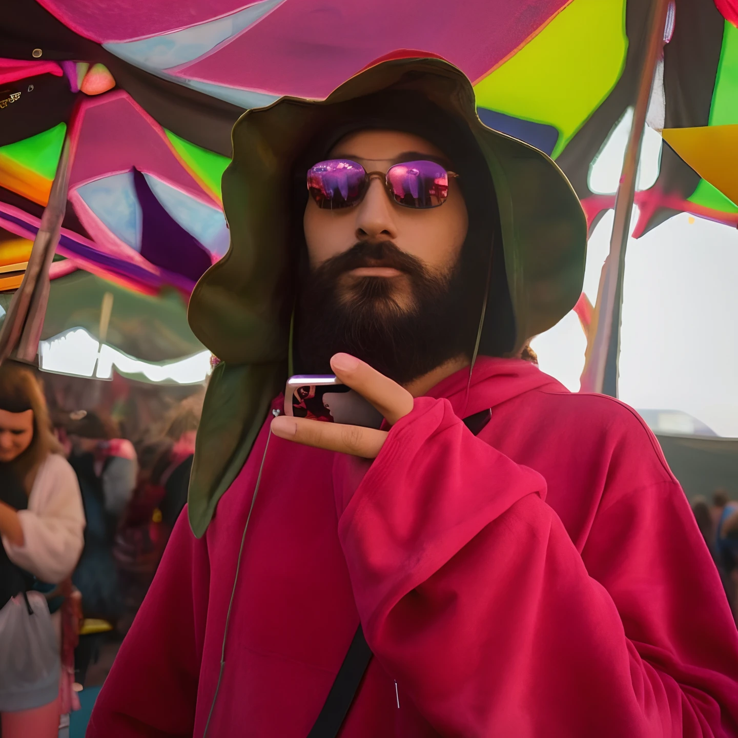 Araffe man in a red hoodie and sunglasses holding a mobile phone, festival vibes, Hippie, a person at a music festival, just take a pinch of psychedelic, extremely psychedelic experience, cogumelo trippy, foto de perfil 1024px, Futuristic psychedelic hippie, psychedelic style, divindade elegante, foto de perfil, demobaza