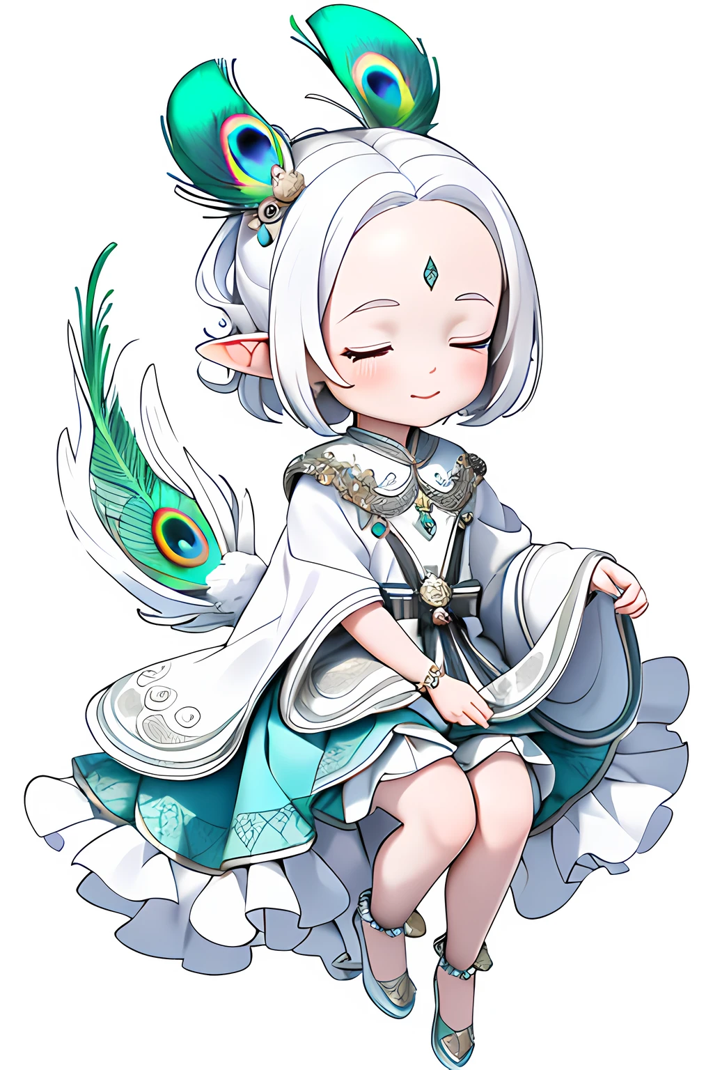 (Best quality, A high resolution, Masterpiece:1.2), Black and white, Q version 2 year old girl, "Peacock elements", "Peacock tail", "Whole body", Cute face, updo-hairstyle, closing her eyes, Comfortable appearance, White color hair, "Sit on your knees", "Clothes made of feathers", White hair, Short hair, There is a circular pattern in the center of the eyebrows, A high resolution, White background, Mono Color, Line drawings, ((Sketch)), feathers hair ornament, "Peacock tail", forehead jewel, forehead mark, long and pointed ears, High detail, 4K, Super detail, High quality