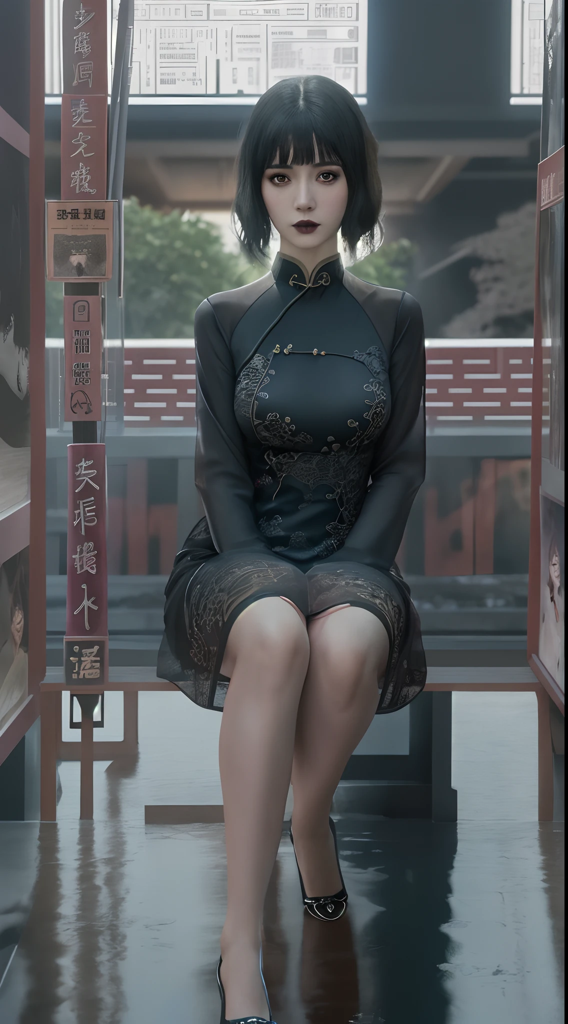 Carla Juri as Dr. 《Blade Runner 2049》Anna Sterling, sit on chair, (poster for:1.6), poster on wall, Movie poster, (Portrait:1.3), ((Thin transparent cheongsam dress)), Black hair, ((Japanese rock garden and pond, Bonsai)), Movie poster, ((high-tech interior style and futurism)), , Factory and huge industrial robot background, (elegant, Beautiful face), (Gothic makeup:1.2) ((ultradetaled skin texture)), intricately details, Fine details, ultra - detailed, Ray traching, Subsurface scattering, diffused soft lighting, Shallow depth of field, Intricate, High detail, Sharp focus, Dramatic, photorealistic painting art by greg rutkowski