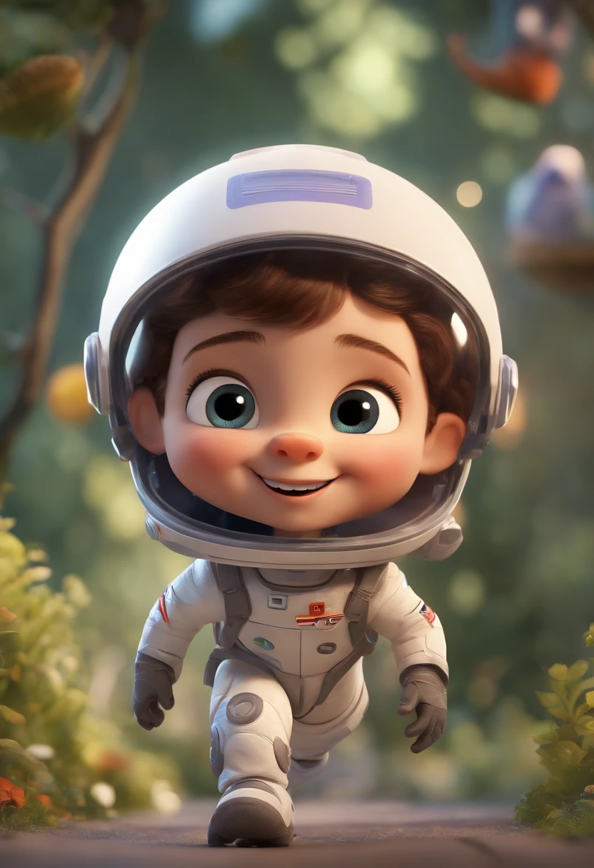 (a best quality, 16k, ultra-detailed, realistic:1.37), a happy cute kid wearing a space costume, standing confidently, with short hair and a bright smile. The kid is surrounded by a white background, which enhances the focus on the character. The character's face is particularly detailed, with expressive and joyful eyes, a well-defined nose, and plump smiling lips. The style of the artwork should resemble the vibrant and charming aesthetic of Pixar animations. The illustration should be in 3D, resembling a cartoon-like character. The kid's hair should be styled in a playful and asymmetrical manner, adding to the overall lively and energetic appearance of the character.