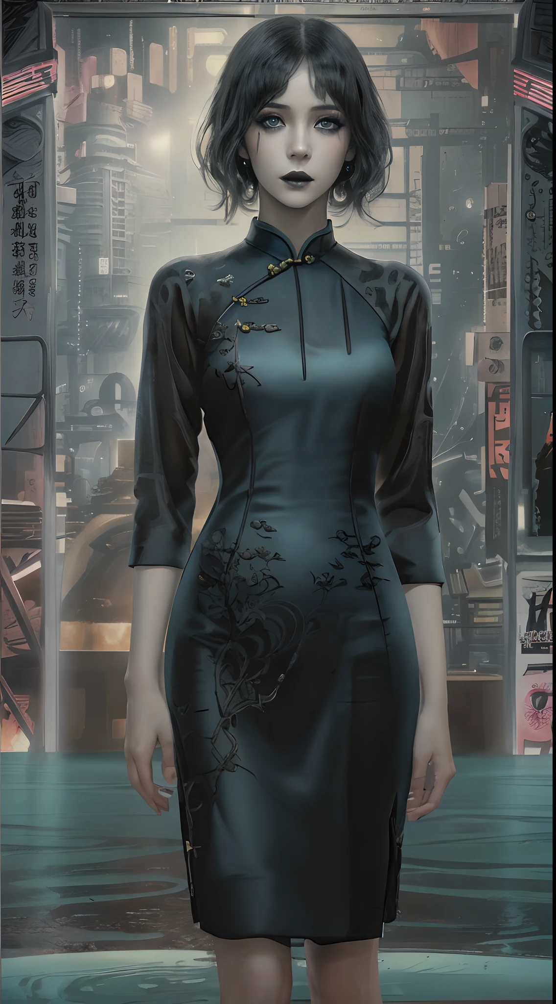 Carla Juri as Dr. 《Blade Runner 2049》Anna Sterling, sit on chair, (filmposter:1.6), poster on wall, Movie poster, (Portrait:1.3), ((Thin transparent cheongsam dress)), Black hair, ((Japanese rock garden and pond, Bonsai)), Movie poster, ((high-tech interior style and futurism)), , Factory and huge industrial robot background, (elegant, Beautiful face), (Gothic makeup:1.2) ((ultradetaled skin texture)), intricately details, Fine details, ultra - detailed, Ray traching, Subsurface scattering, diffused soft lighting, Shallow depth of field, Intricate, High detail, Sharp focus, Dramatic, photorealistic painting art by greg rutkowski