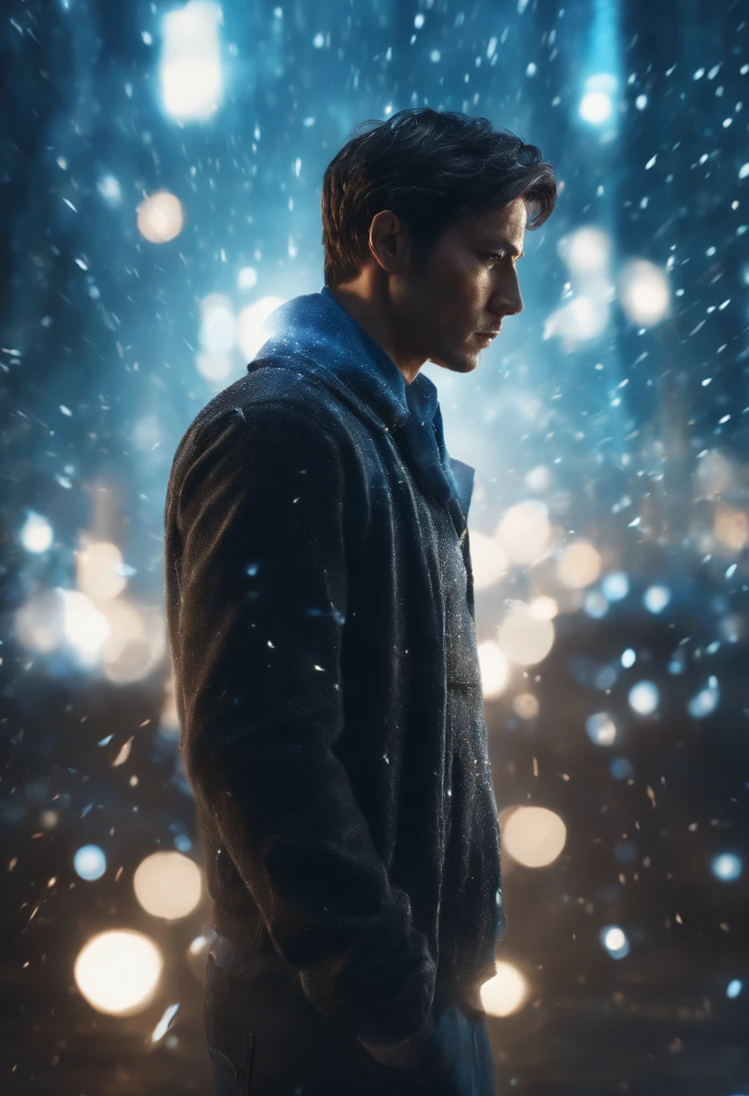 (40-year-old young man in soul body with blue and black ray particles emitting around him), 3D rendering, efeitos especiais do filme, Movie Lighting, Dilapidated city, limpar HD, 8K resolution, Very detailed, Pintura digital, arte conceitual, Estilo Shinkai Makoto, Pop Popularization Trend, Pop, Pop trend, Pop Trend on Pixiv.