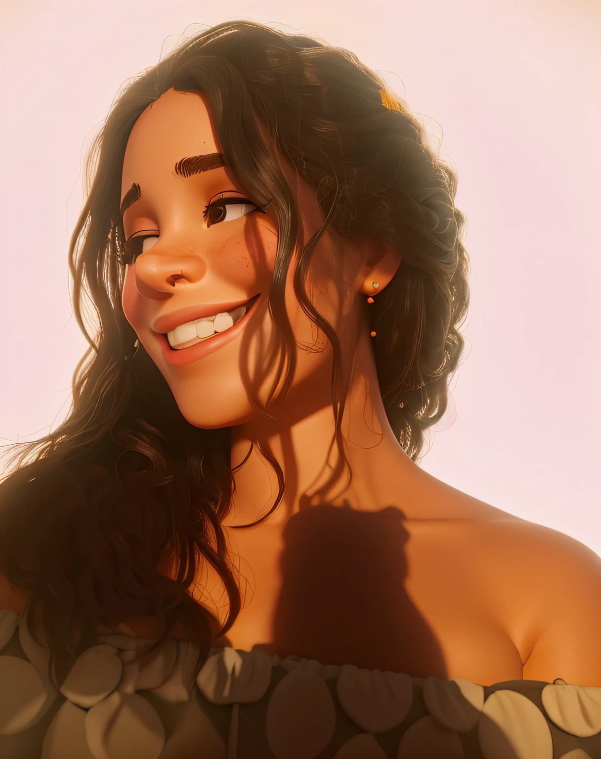 There's a woman who's smiling, de cabelo cacheado, com o sol brilhando sobre ele, foto do perfil, ao sol, luz solar da hora dourada, nice afternoon lighting, Sol da Hora de Ouro, she is in pure bliss, bonito e sorridente, perfect crisp sunlight. sem sombras
