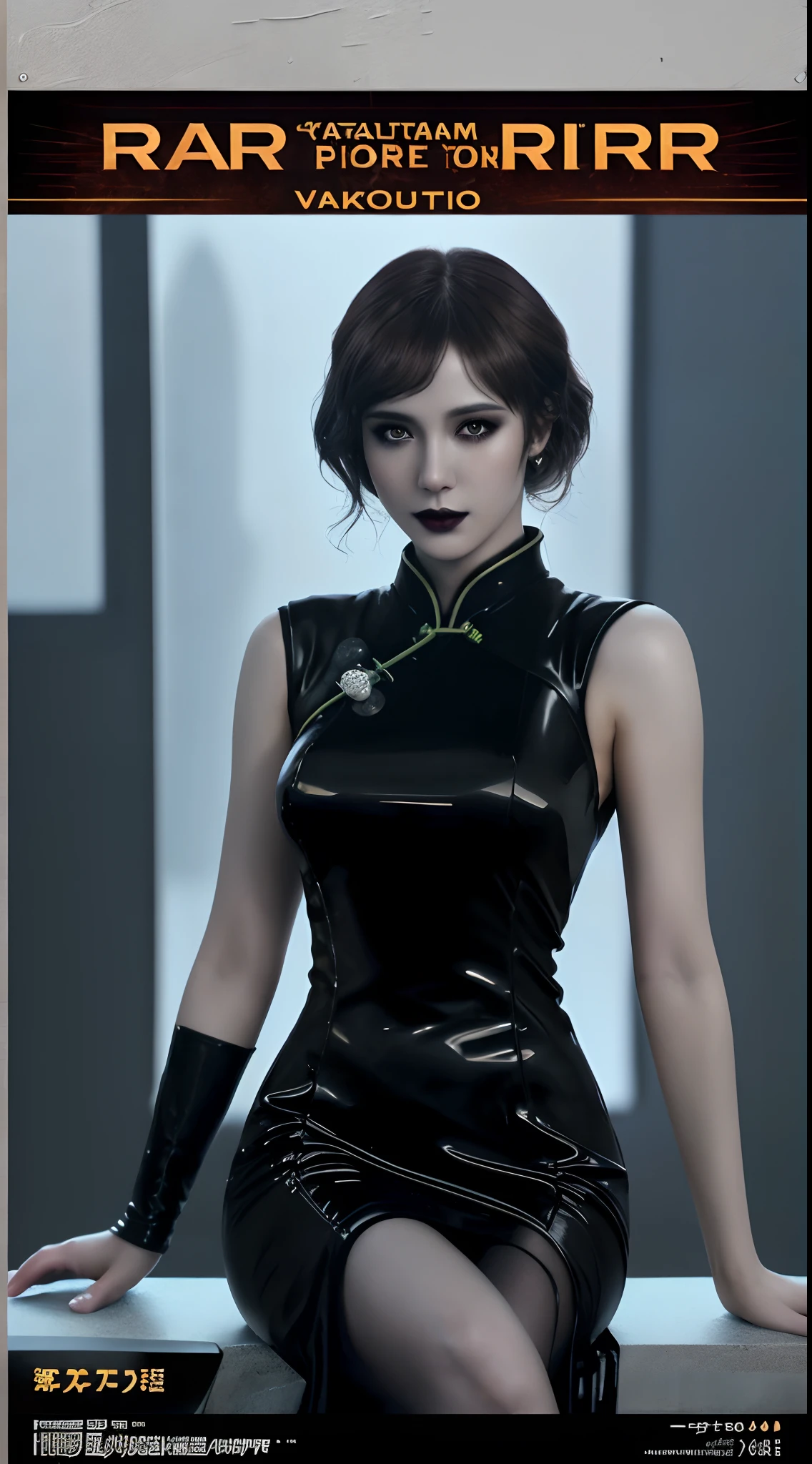 Carla Juri as Dr. 《Blade Runner 2049》Anna Sterling, sit on chair, (filmposter:1.6), poster on wall, Movie poster, (Portrait:1.3), ((Thin transparent cheongsam dress)), Black hair, ((Japanese rock garden and pond, Bonsai)), Movie poster, ((high-tech interior style and futurism)), , Factory and huge industrial robot background, (elegant, Beautiful face), (Gothic makeup:1.2) ((ultradetaled skin texture)), intricately details, Fine details, ultra - detailed, Ray traching, Subsurface scattering, diffused soft lighting, Shallow depth of field, Intricate, High detail, Sharp focus, Dramatic, photorealistic painting art by greg rutkowski