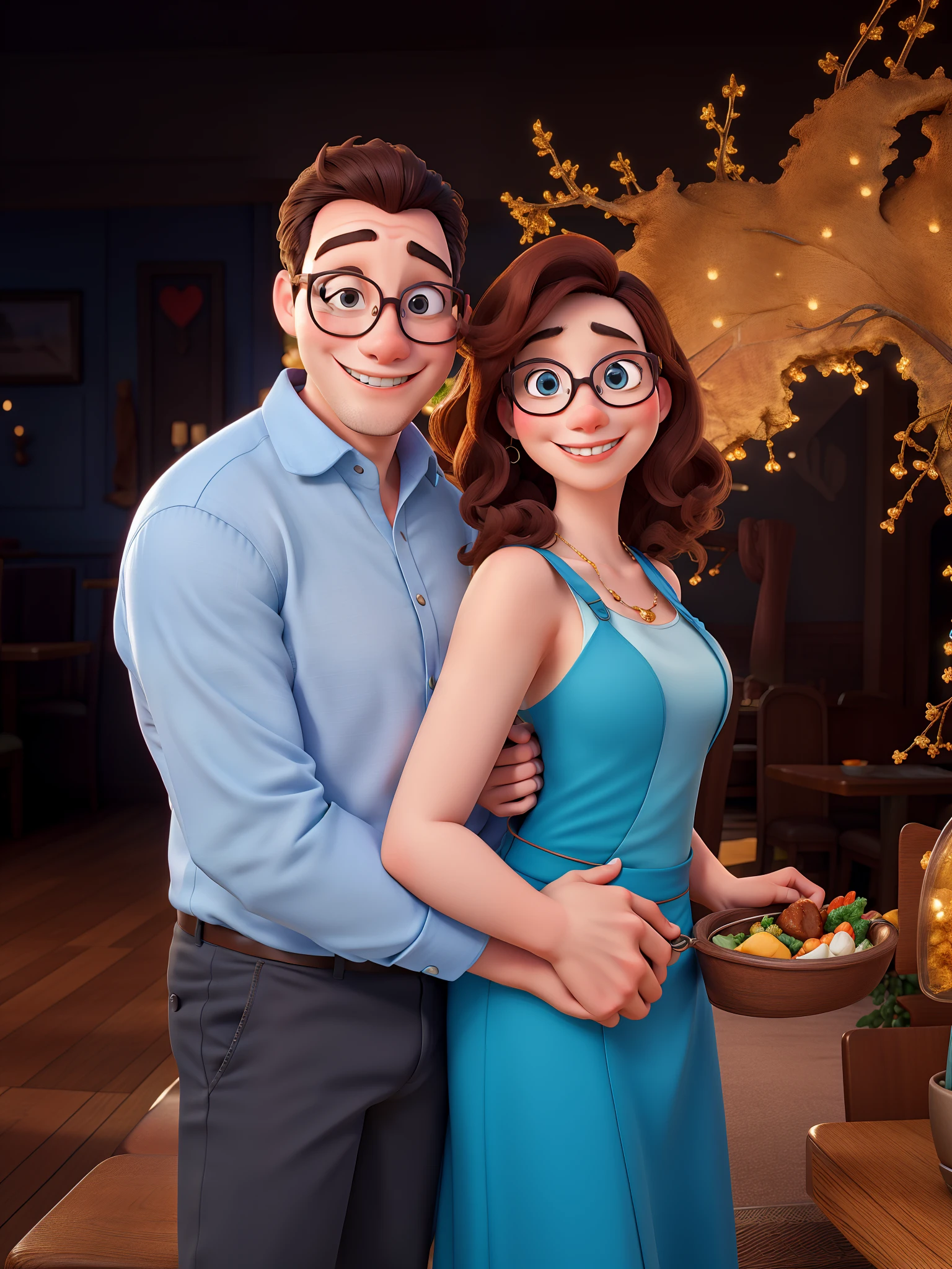 Disney Style Couple With Glasses Smiling In Restaurant.