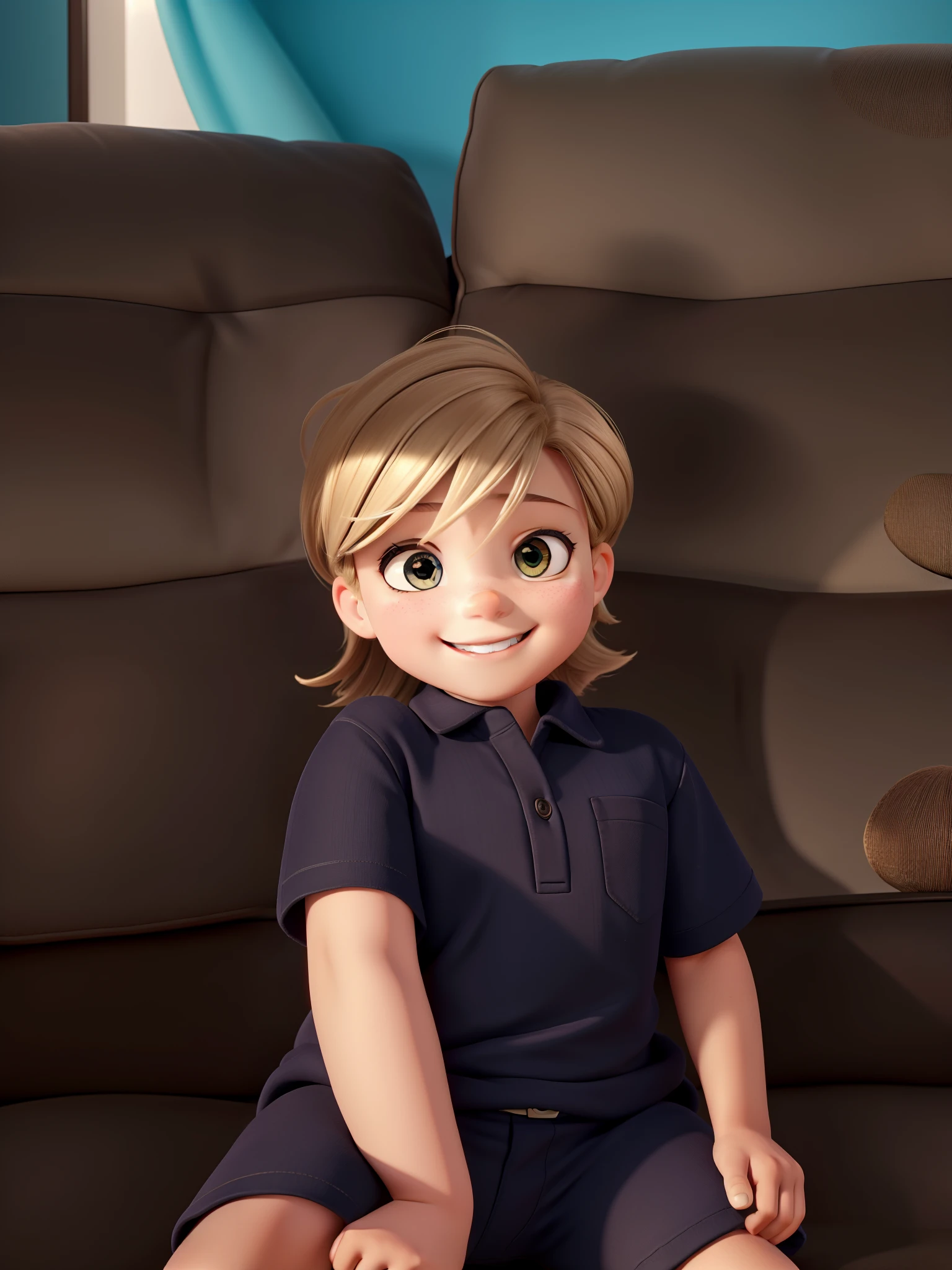 A dark blond haired , de um ano, sorrindo no sofa olhos castanho claro