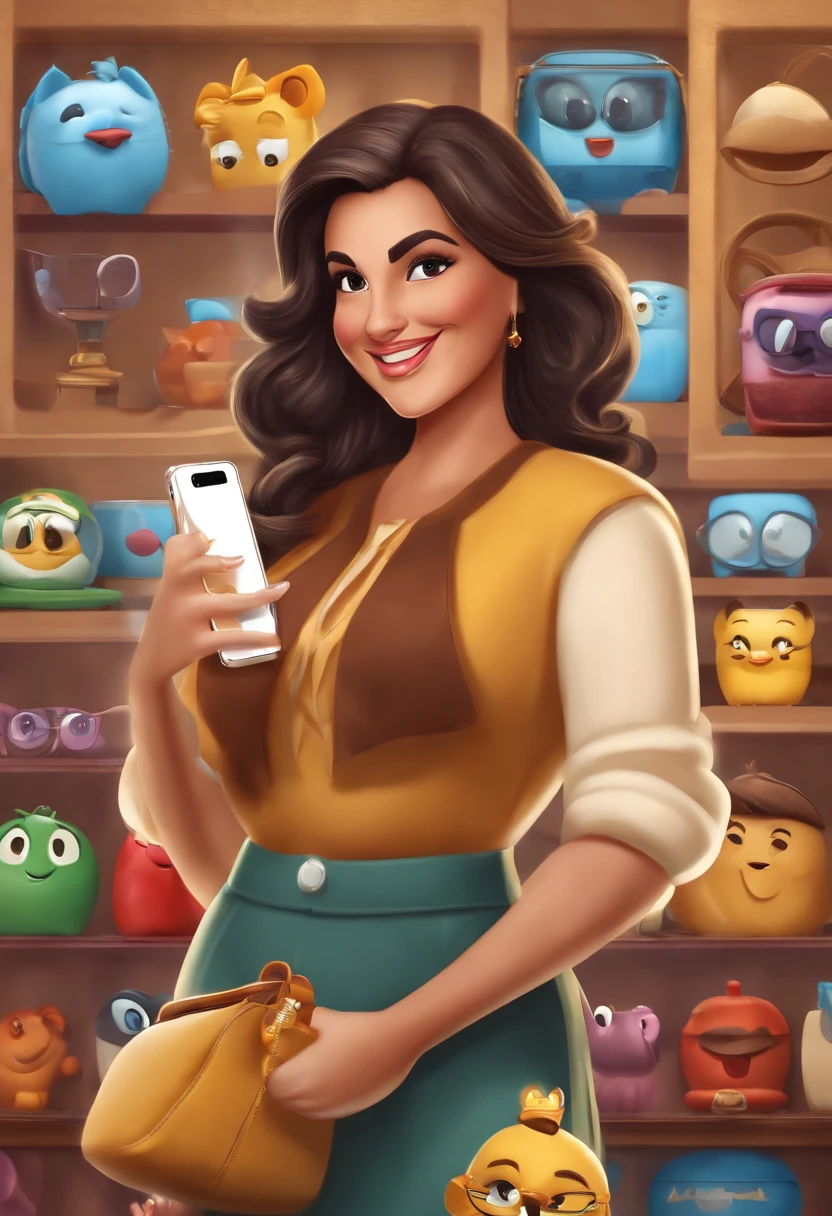 Create a poster Disney/Pixar inspired movie poster, scene of a beautiful 40 year old woman, medium length wavy black hair with blonde highlights, Brown colored eyes, wide smile, big forehead, oval face, white skin, holding an iPhone in her hand . Add highlighted text on the front saying "WhatsApp: The tool that revolutionized service at Disney Optics" Add highlighted text saying "WhatsApp: The tool that revolutionized service at optical stores" to the scene. Inspired by the movie emojis Pixar Dynamic 3D Background