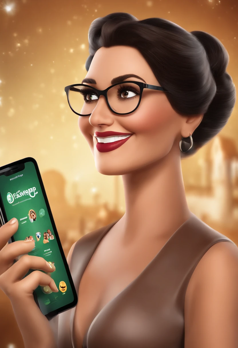 Create a poster Disney/Pixar inspired movie poster, scene of a beautiful 40 year old woman, medium length wavy black hair with blonde highlights, Brown colored eyes, wide smile, big forehead, oval face, white skin, holding an iPhone in her hand . Add highlighted text on the front saying "WhatsApp: The tool that revolutionized service at Disney Optics" Add highlighted text saying "WhatsApp: The tool that revolutionized service at optical stores" to the scene. Inspired by the movie emojis Pixar Dynamic 3D Background