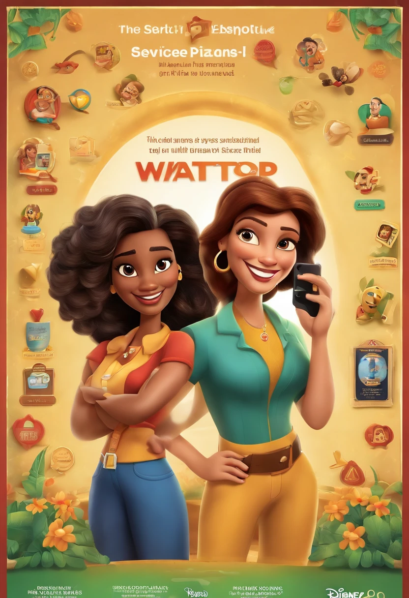 Create a poster Disney/Pixar inspired movie poster, scene of a beautiful 40 year old woman, medium length wavy black hair with blonde highlights, Brown colored eyes, wide smile, big forehead, oval face, white skin, holding an iPhone in her hand . Add highlighted text on the front saying "WhatsApp: The tool that revolutionized service at Disney Optics" Add highlighted text saying "WhatsApp: The tool that revolutionized service at optical stores" to the scene. Inspired by the movie emojis Pixar Dynamic 3D Background