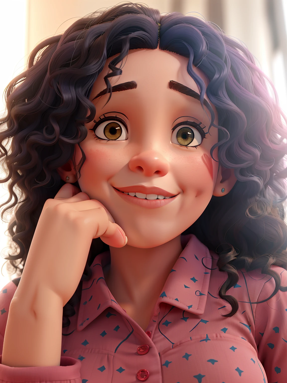 mulher sorridente com cabelo cacheado vestindo camisa rosa e batom vermelho, Menina africana de pele clara, Anos Imane, bochechas rosadas, Menina afro-americana, inspirado em Sophia Beale, seu rosto emoldurado com cachos, inspirado em Maria Helena Vieira da Silva, foto de perfil headshot, Alanis Guillen, Parece Fabiula Nascimento, com afro