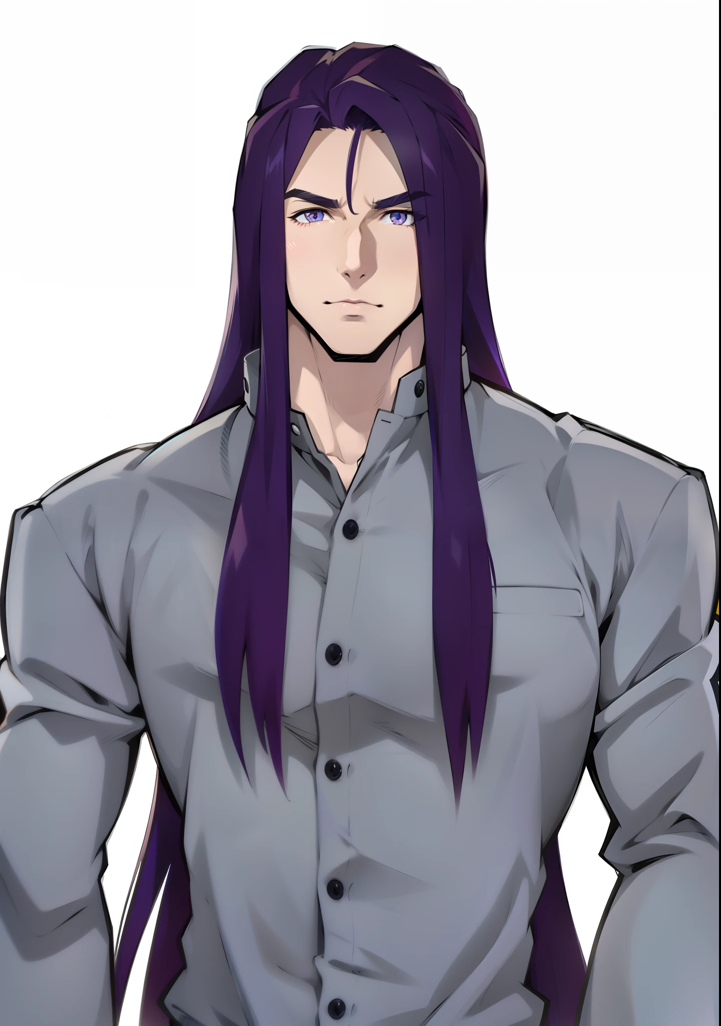 Gere uma imagem de arte no estilo anime de um personagem com os cabelos liso bem longo e roxo escuro e (((olhos vermelho.)))