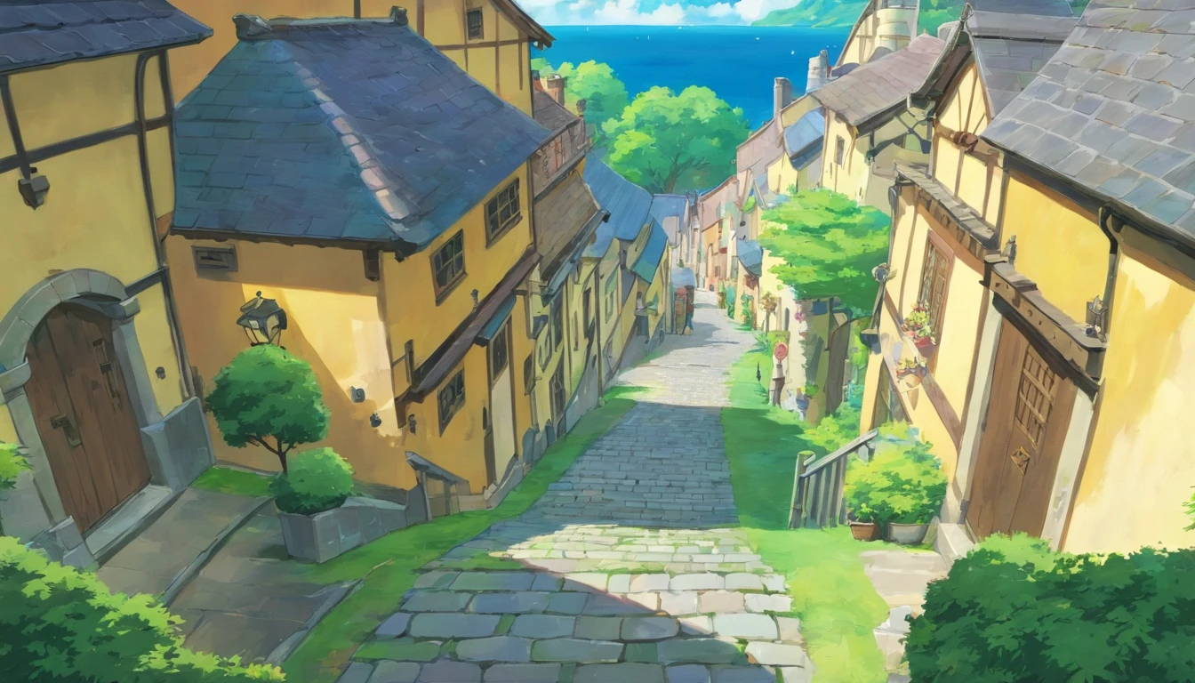 Facing the viewpoint of the grey stone brick road with a small stone wall and buildings next to it