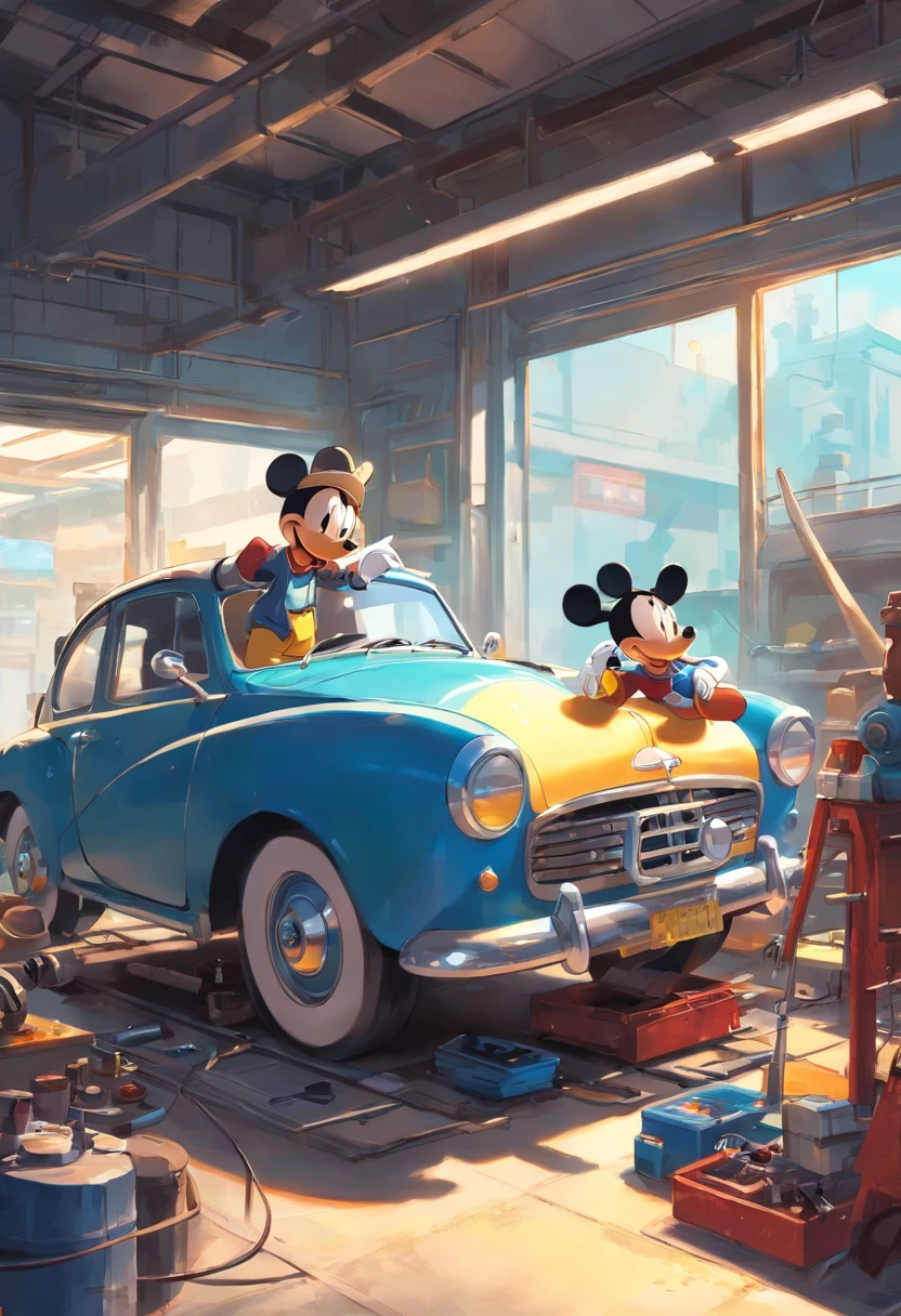 "A masterpiece illustration of Mickey Mouse and Donald Duck as a skilled mechanic repairing a car, With perfect body proportions and an impeccably detailed head, in high definition."