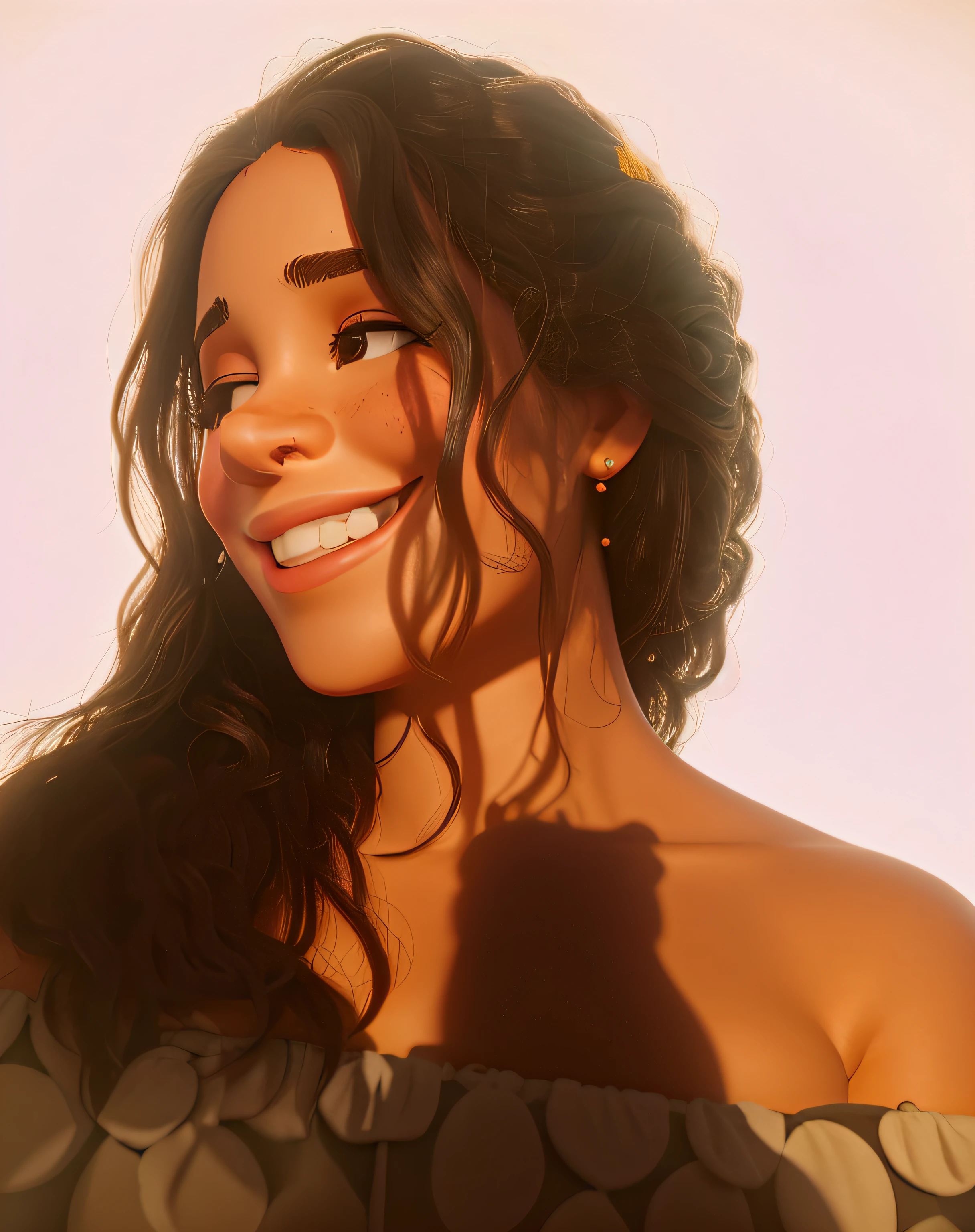 There's a woman who's smiling, de cabelo cacheado, com o sol brilhando sobre ele, foto do perfil, ao sol, luz solar da hora dourada, nice afternoon lighting, Sol da Hora de Ouro, she is in pure bliss, bonito e sorridente, perfect crisp sunlight. sem sombras