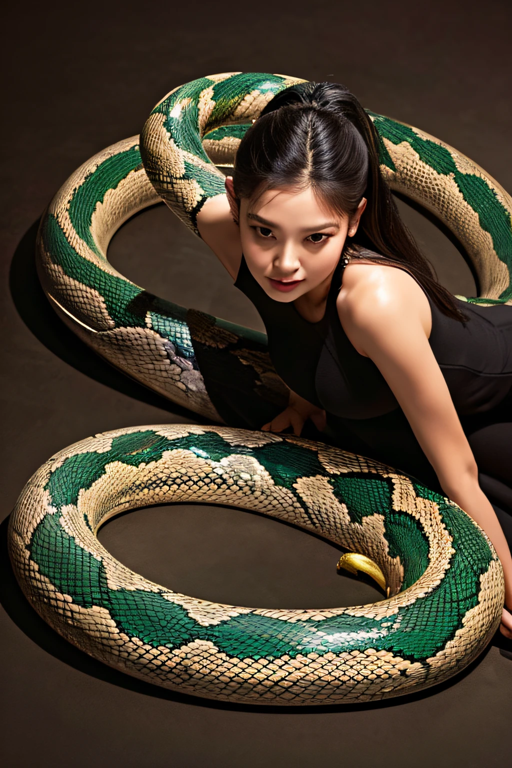 (masterpiece), best quality, expressive eyes, perfect face, Matured, Sharp eyes, HD, Benisato, kunoichi, snakes tattooed, chin, She is a tall and matured woman with a slender curvaceous build with long legs and arms, Although a ninja herself, Benisato has the appearance of a beautiful and seductive geisha, She has porcelain skin and long dark hair tied back in a coif with a hairpin and traditional comb, Benisato is covered in serpent tattoos that come alive when she uses her powers and will usually appear naked during a battle to throw off her male victims, She wears yellow traditional Japanese geisha robes, full body, pants, long sleeves, Vest, sandals, kimono, Hongli, snakes supranaturalsupranatural, smile face