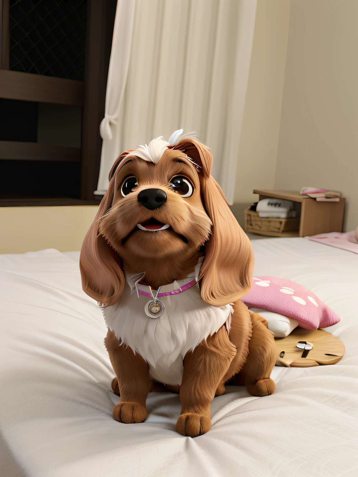 cochorro femea da raca liaza apso com vestido rosa sentada na cama
