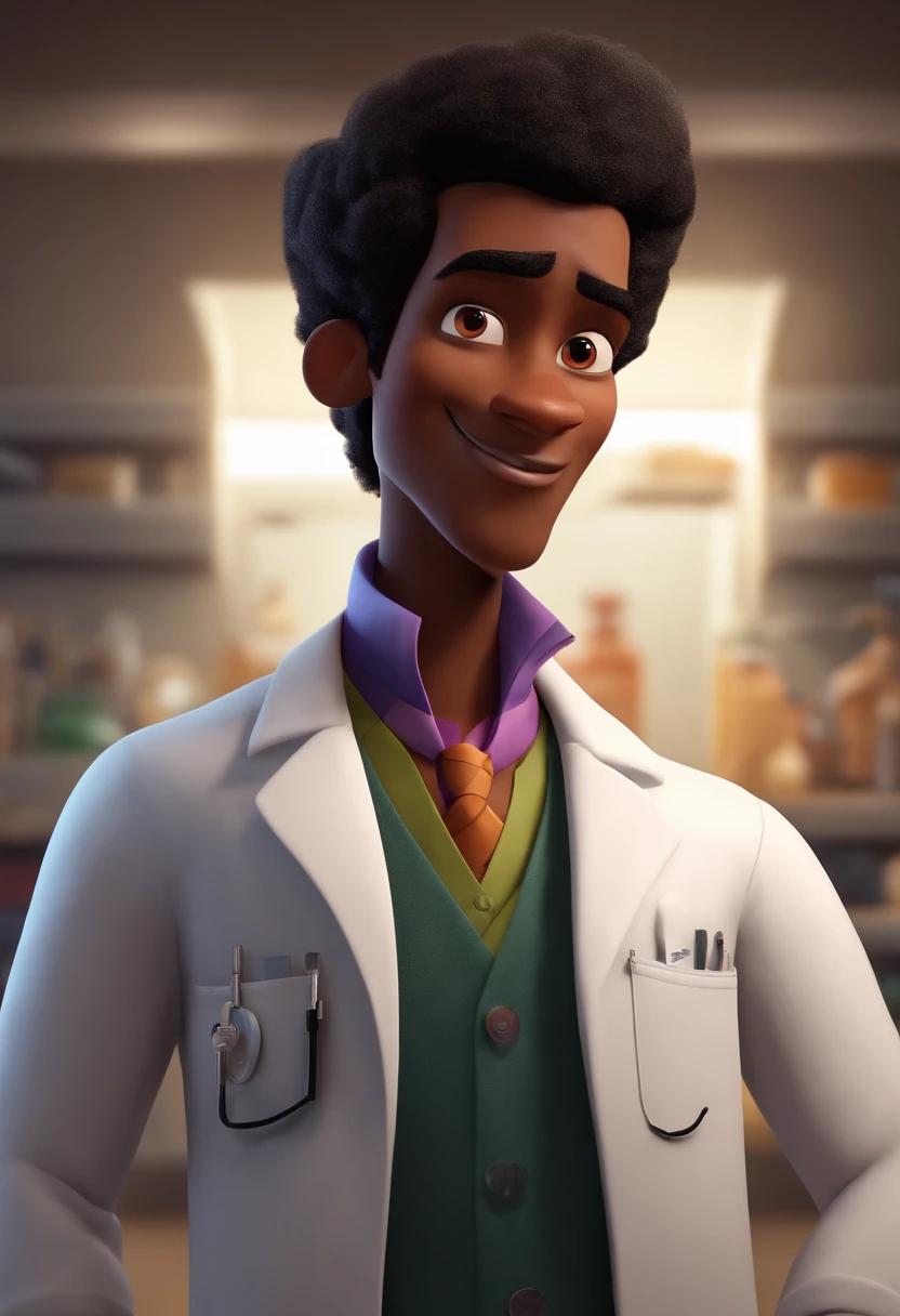 Create a pixar-style character inside a lab coat. Personagem negra rosto longo e fino, cabelos longos lisos e preto olhos pretos