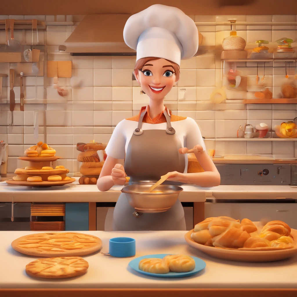 Crie uma cena de desenho animado  estilo 3d -Pixar, Onde uma mulher, de cabelos lisos castanhos com 35 anos de idade, She's cooking dressed as a pastry chef, bakery, gordinha, ambiente claro