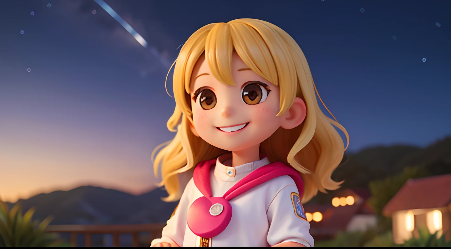 6 year old girl, blonde hair, brown eyes, looking at the night sky, stars, smiling, curious, adventurous