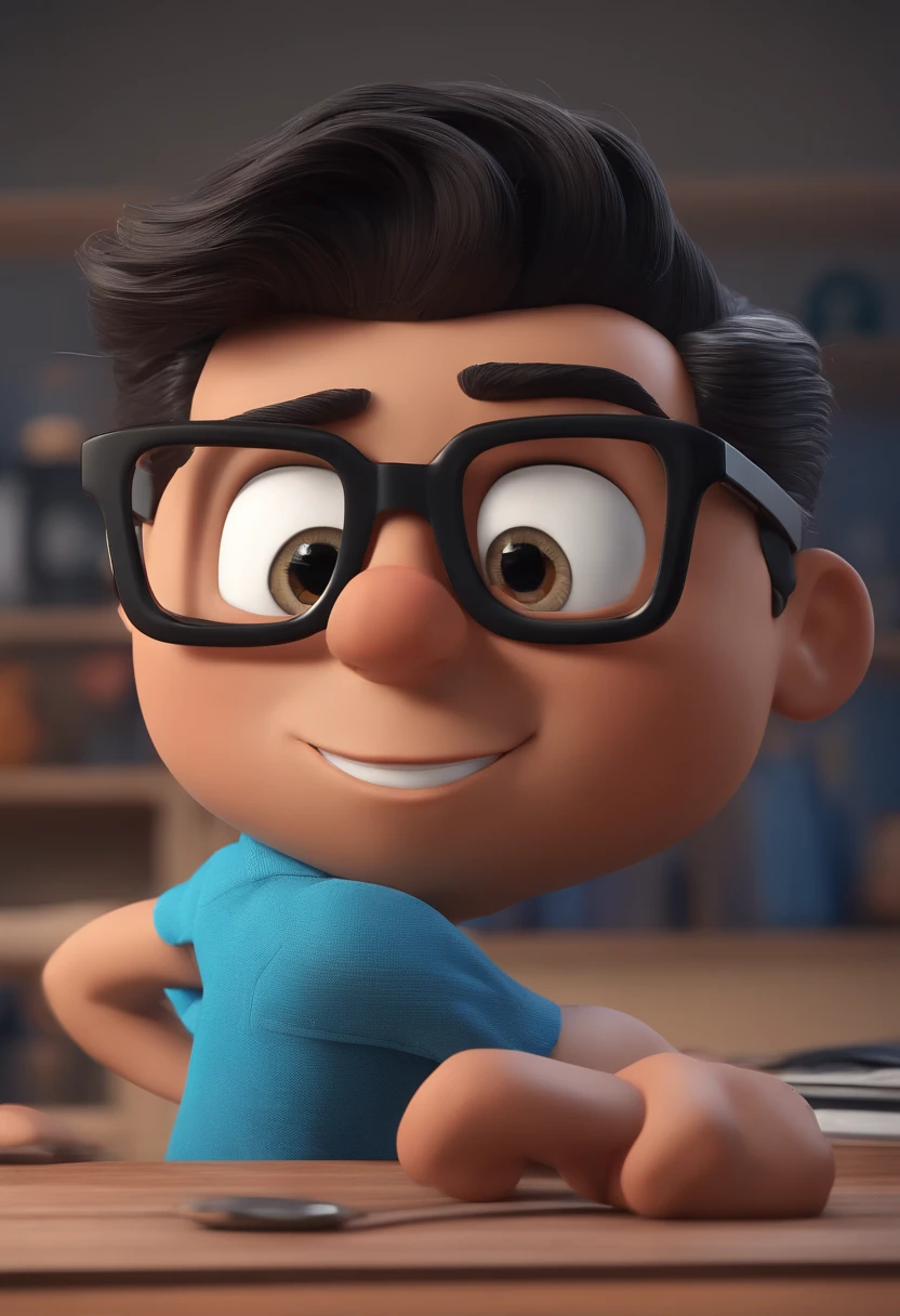 Cartoon character of a man with black glasses and a blue shirt, animation character, Caractere estilizado, animation style rendering, 3D estilizado, Arnold Maya render, 3 d render stylized, toon render keyshot, Personagem 3D, Personagem 3D, 3d rendering stylized, 3 d character render, personagem de desenho animado, Personagem de close up, Pose de personagem,  (Estilo Pixar) (master part:1.2) (Bokeh) (best quality) (pele detalhada) (textura detalhada) (8k) (argila) (Cinematic lighting) (foco nítido