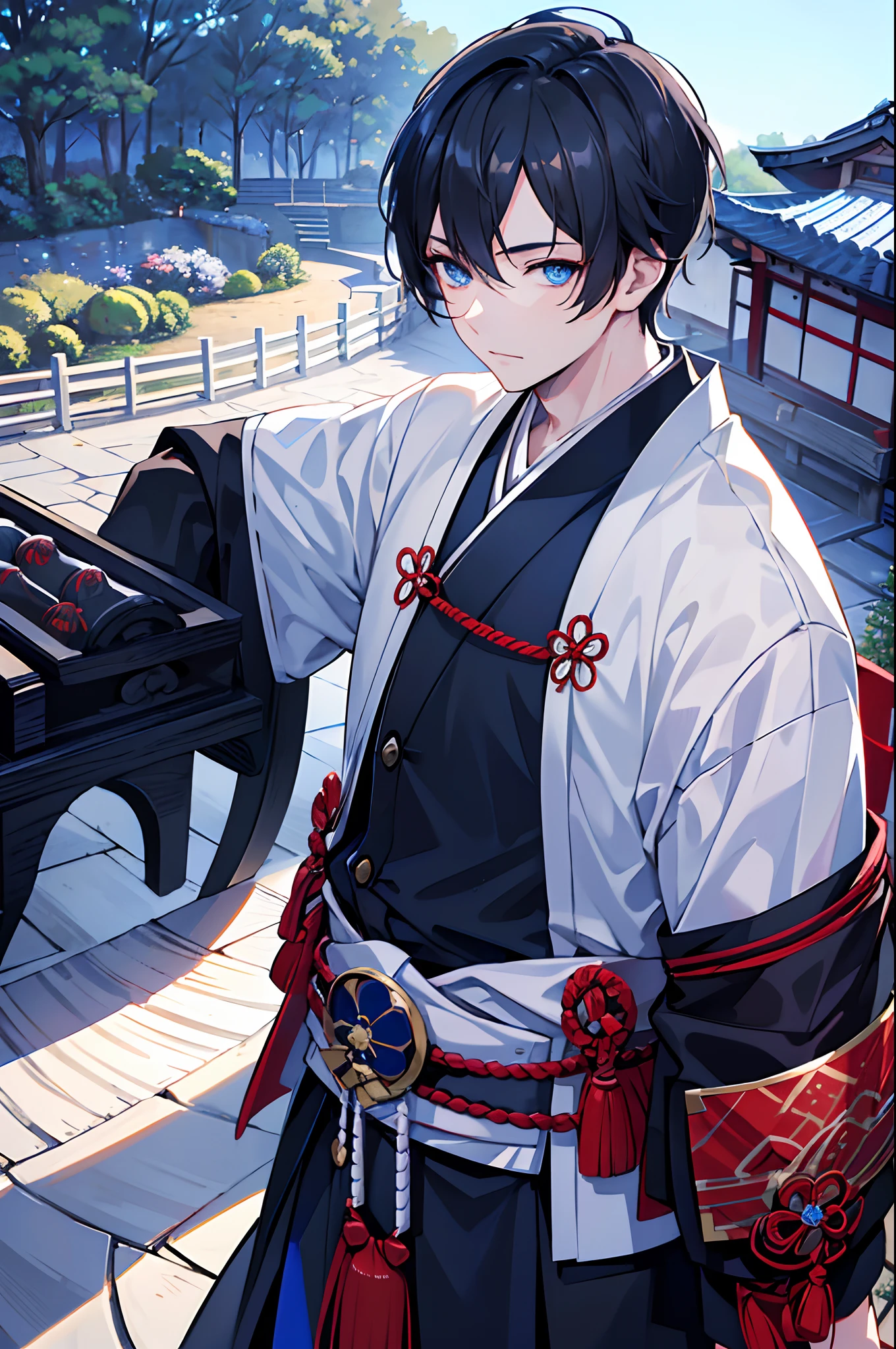 male people A dark-haired blue eyess New Year Young samurai Japanese houses blue-sky masterpiece Top image quality Clear Parts Cinematic Shadows Increased attractiveness of the eyes Clear the shine of the eyes Draw eyelashes neatly Perfect Eye A detailed eye Sharpen image quality Sharpen eye writing Clear eye shape