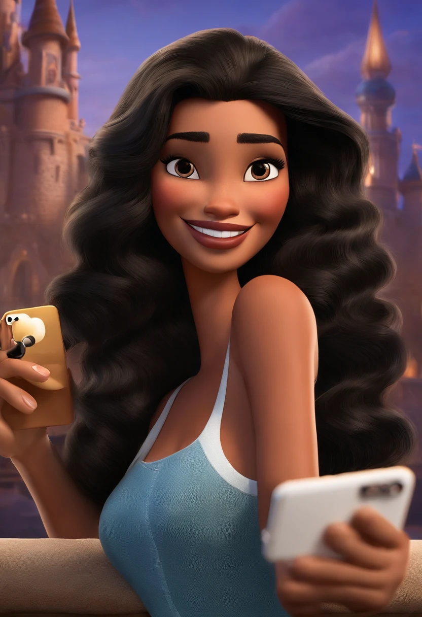 Crie um cartaz Disney/Cartaz de filme inspirado na Pixar, cena de uma bela mulher de 40 anos, Medium length wavy black hair with blonde highlights, olhos castanhos, sorriso largo, testa grande, face oval, pele branca, Holding an iPhone in your hand . Add highlighted text in front saying "Whatsapp: The tool that revolutionized the service at Disney Optics" Add highlighted text saying "Whatsapp: The tool that revolutionized customer service at opticians" to the scene. Inspirado nos emojis do filme Pixar Dynamic 3D Background
