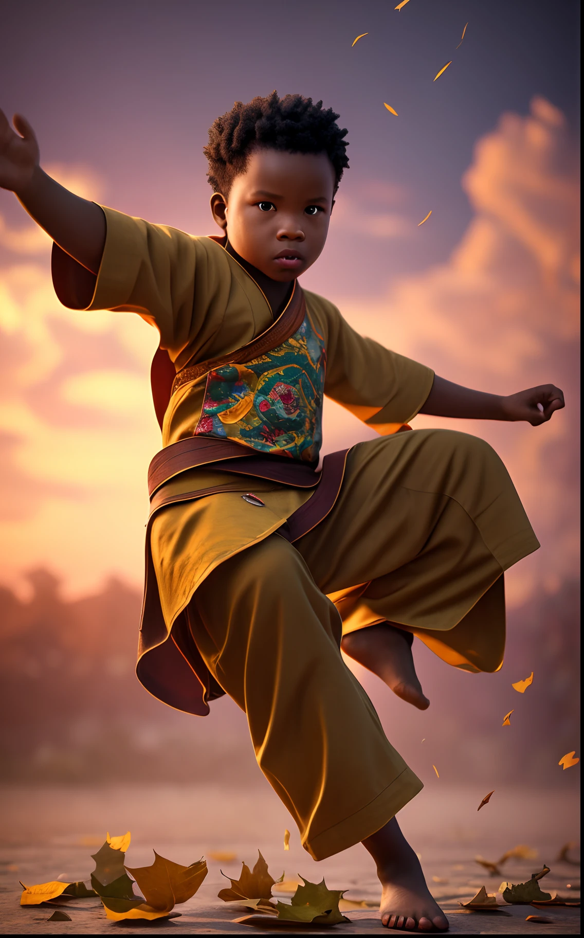 Wide angle shot of an African  in kung-fu fighting pose, tough serious face in African designed kung-fu clothes, holding leaves blown by the wind floating in circular rotation around the child, African designed dojo in the background, sunrise in the scene shining, with beautiful iridescent light, artgerm style, 32k, ultra HD, unreal engine rendered, hyper-realistic image, octane 3d rendering, cinematic lighting, trending on artstation --auto --s2