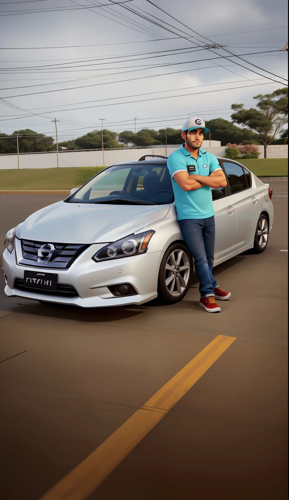 Homem, com barba, with cap ,Nissan Sentra rebaixado com rodas 20" , carro prata, na rua, Arms and legs crossed