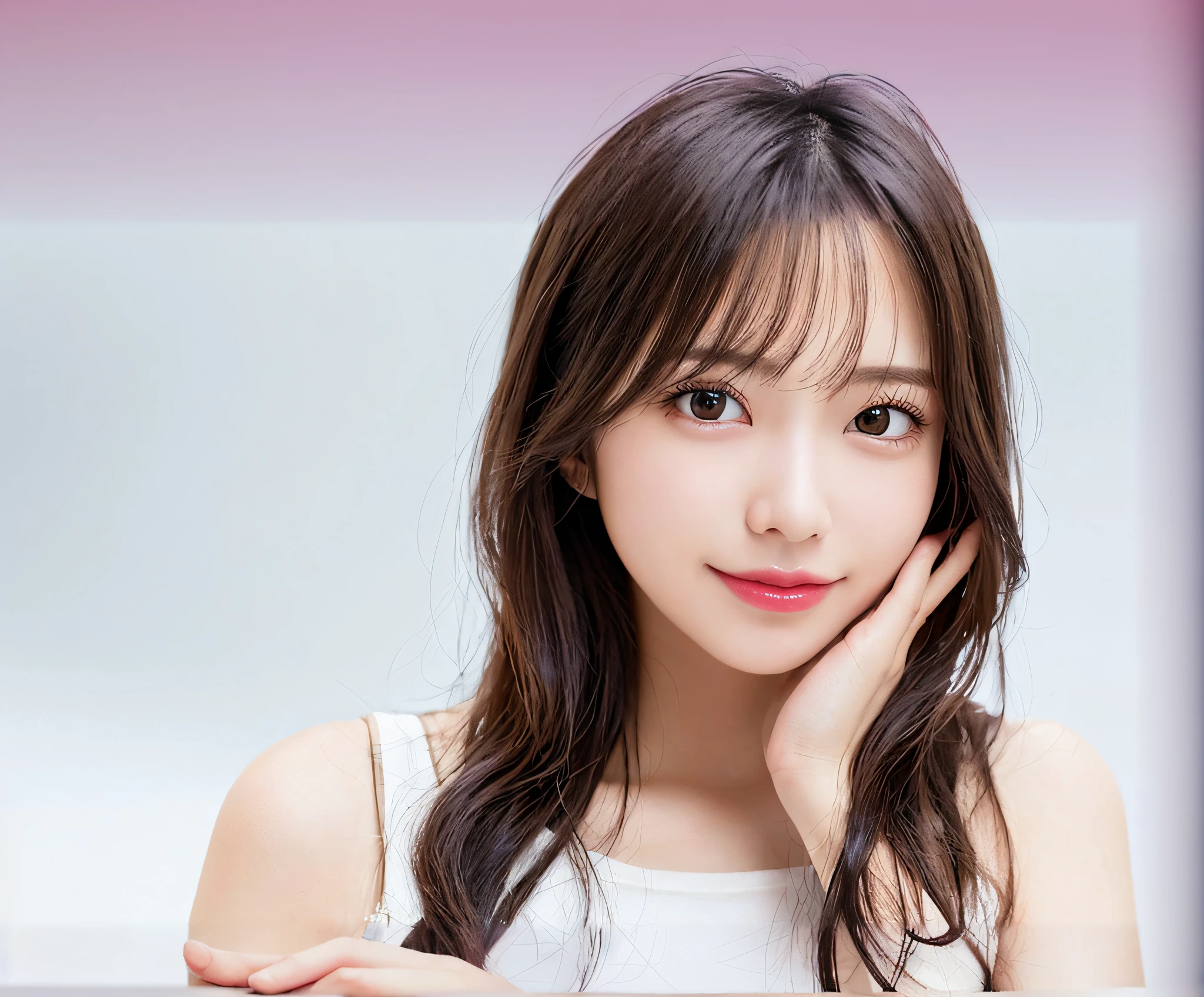 arafed asian woman with long hair and white tank top posing for a picture, a picture by Tang Sin Yun Sandara, shutterstock, tachisme, young adorable korean face, beautiful young korean woman, gorgeous young korean woman, girl cute-fine-face, beautiful south korean woman, young cute wan asian face, popular korean makeup