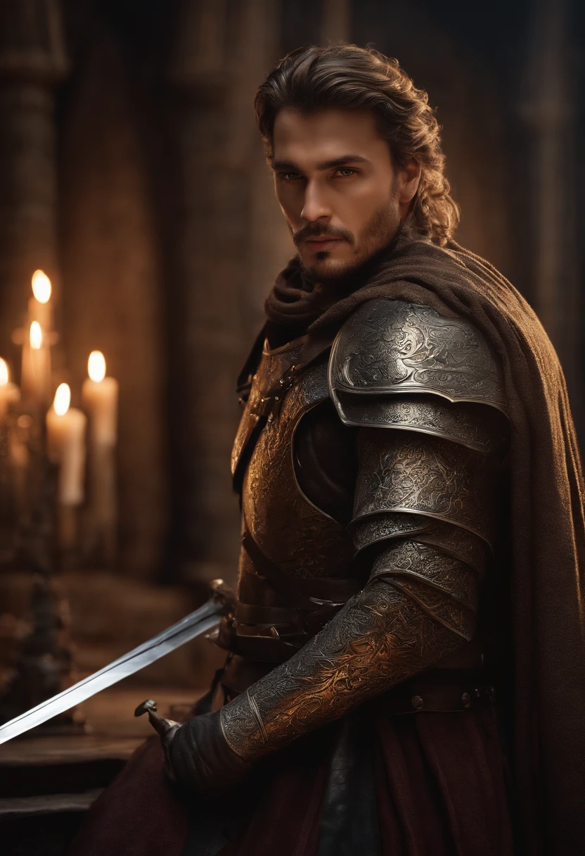 (8k unidade de papel de parede CG extremamente detalhado, master part, best quality, ultra-detalhado), (((sozinho))), ((tiro largo:1.5)), (A paladin with a legendary sword), (Thematic background), medieval, Superb dinner, ambiente sinistro escuro, (Almas Negras 3, ilustrador, (best illustration)