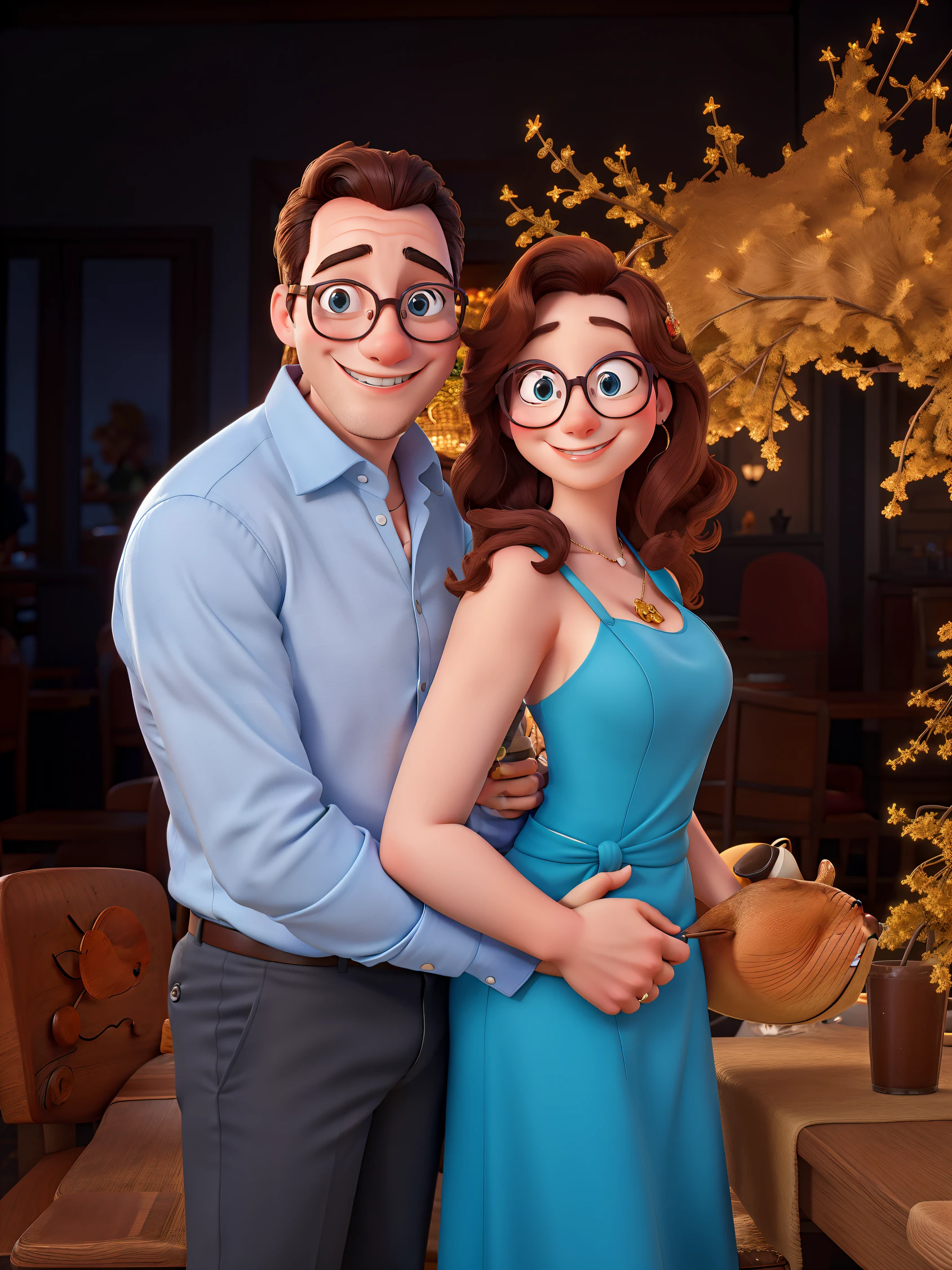 Disney Style Couple With Glasses Smiling In Restaurant.