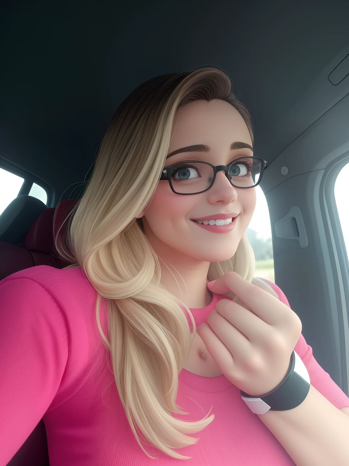 Uma mulher de 34 anos, com cabelos castanhos curtos, Rosto redondo, rosto redondo com sorriso encantador, e olhos castanhos claros, wearing glasses.