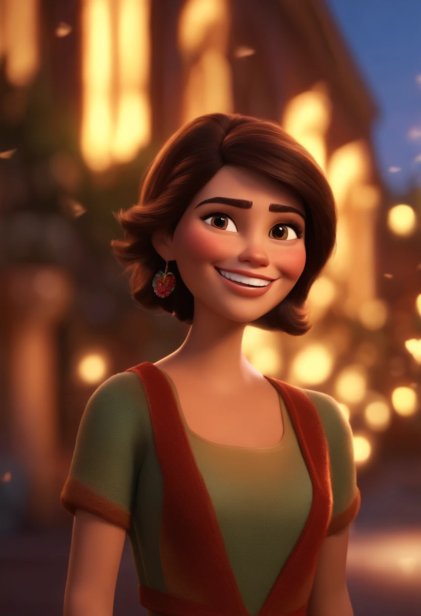 Pixar style image with 3D character brunette woman short straight hair dancing, Maquiagem Dis, sorridente ,Close-up, Pixar, Disney, Cinema lighting,