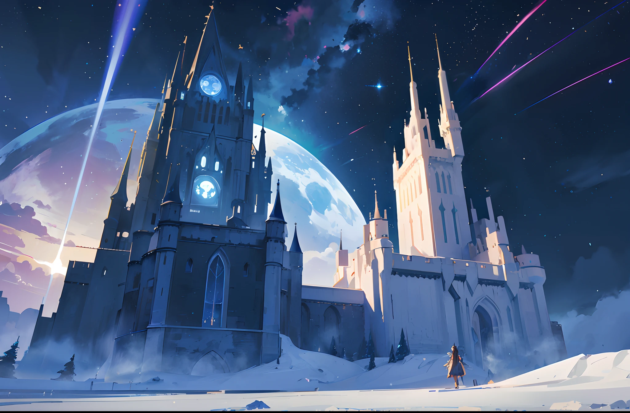 Create exquisite illustrations reminiscent of Makoto Shinkai's style, It has ultra-fine details and top-notch quality. Create an illustration of a fantastical castle floating in space, drifting through a mesmerizing cosmic expanse. The castle is adorned with intricate details and illuminated by the distant stars, giving it an ethereal glow. Its spires reach towards the infinite, and the surrounding space is filled with nebulae, constellations, and celestial wonders. The scene captures the enchanting beauty of a castle adrift in the vastness of the universe, evoking a sense of awe and wonder.