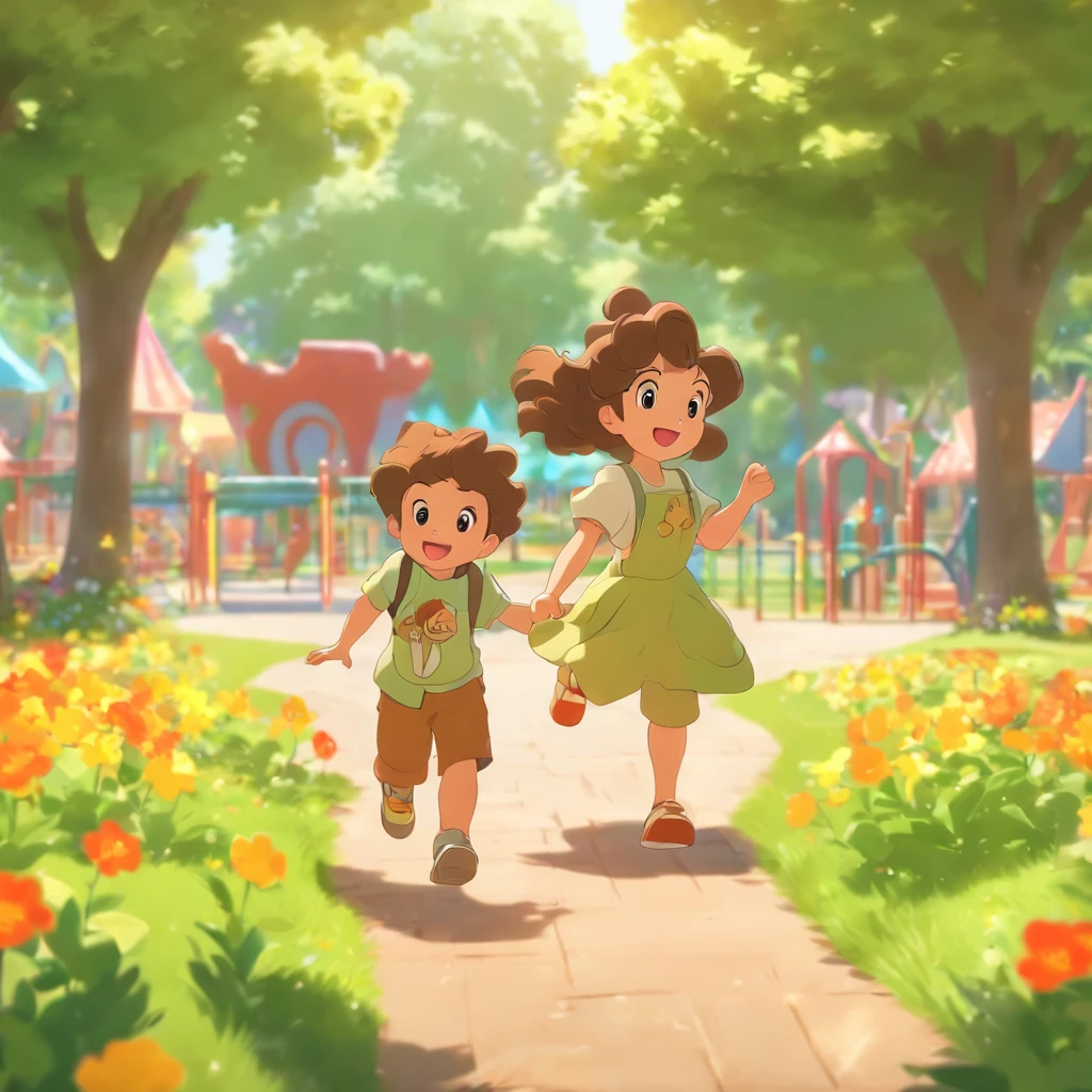 (Estilo disney )A brown-haired mother with her two children, One is with dark straight hair and the other 2 years oldhair are playing in a playground with green lawn, There's trees and flowers