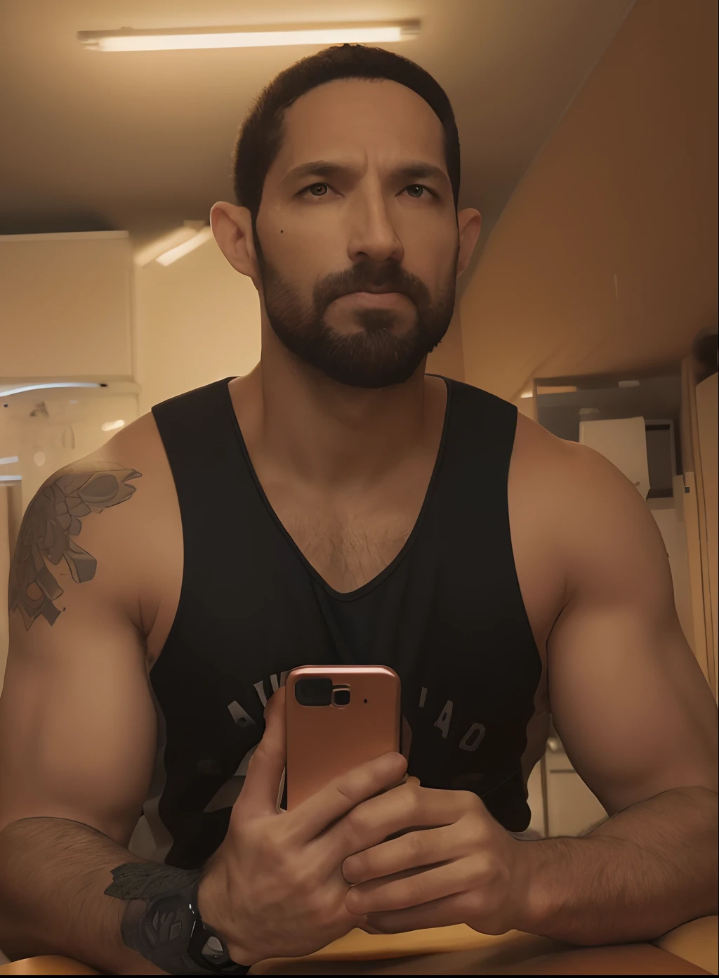 Only One Handsome man , light mustache, hot muscular body , medium curly hair , selfie, best quality like its taken by iPhone 12 , wearing black baggy jeans
