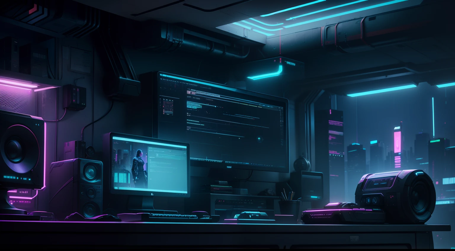 There is a computer desk with a monitor, Speakers & monitor, cyberpunk setting, cyberpunk atmosphere, Cyberpunk lighting, Cyberpunk interior, Cyberpunk bedroom at night, 3 d render beeple, In the room, Made in the style of cyberpunk, cyberpunk atmosphere, Bedroom for agers in cyberpunk style, cyberpunk with neon lighting, Cyberpunk Apartment, hyper realistic cyberpunk style, Muted cyberpunk style, Cyberpunk apartment, Housing