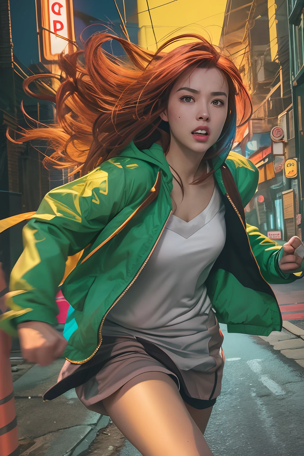 Close up image of 2 subjects, 1girl with auburn colored hair, wearing long sleeve white dress with hood, (running towards camera), (woman looks scared), frightened, running for her life, running away from man wearing armor, getting grabbed by man, down a dirty city alley, futuristic city at (night:1.4), blue and yellow neon signs, chase scene, action scene, thick outlines, comic book style, dynamic camera angle, realistic skin, realistic hands, perfect hands, action lines, motion blur background