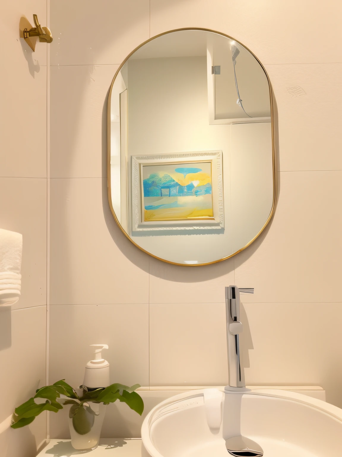 There's a picture of a bathroom with a mirror above the sink, no banheiro, espelho redondo na parede, mirror and glass surfaces, com um espelho, Beautiful image, em um banheiro, Directed by: Nandor Soldier, dentro de uma moldura em uma parede de azulejos, visual vintage, classic paint, solo portrait 🎨🖌️, Painitng