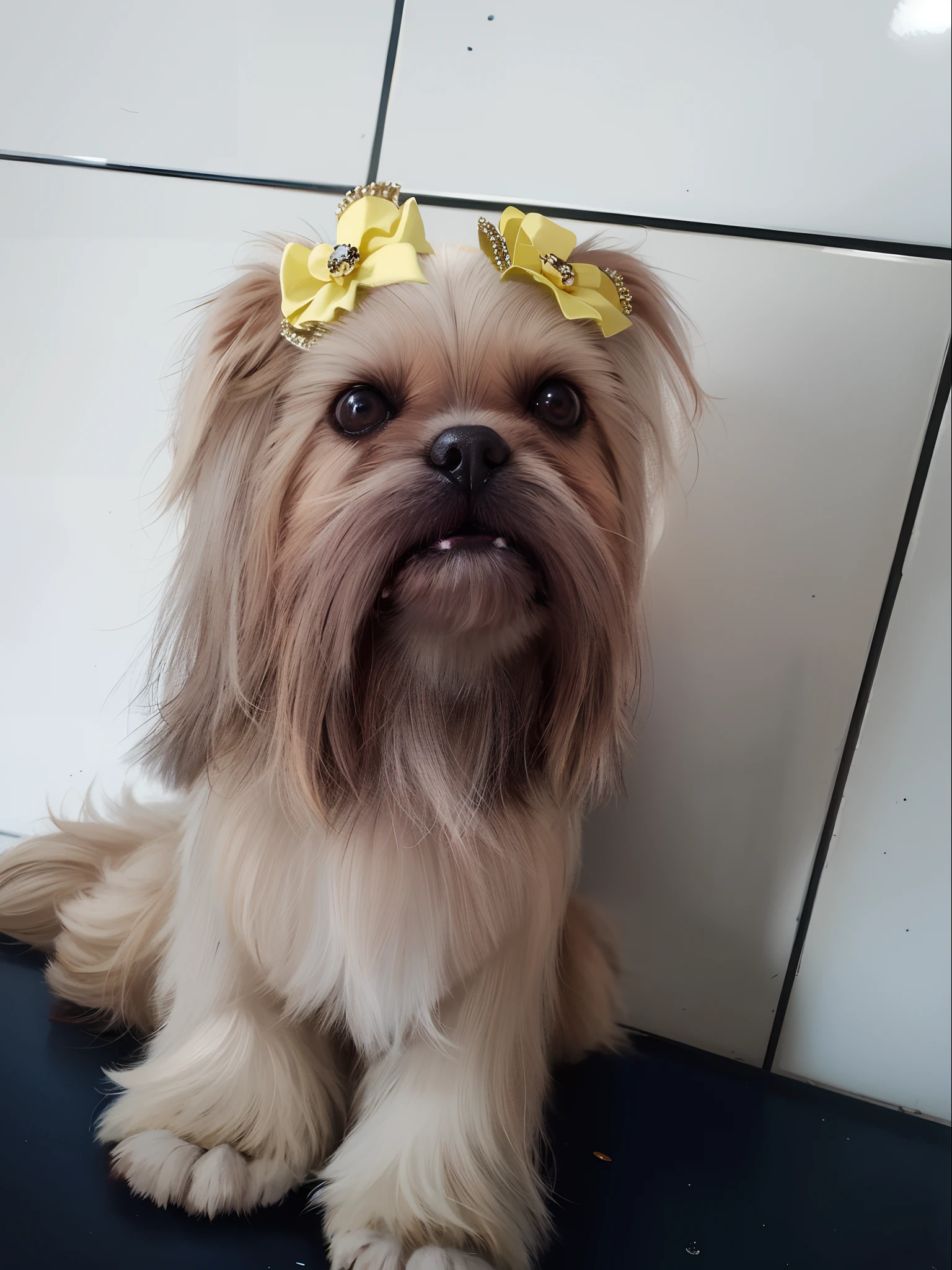 Araffe dog with a yellow bow on its head sitting on a tiled floor, Shih Tzu, modelo bem cuidado