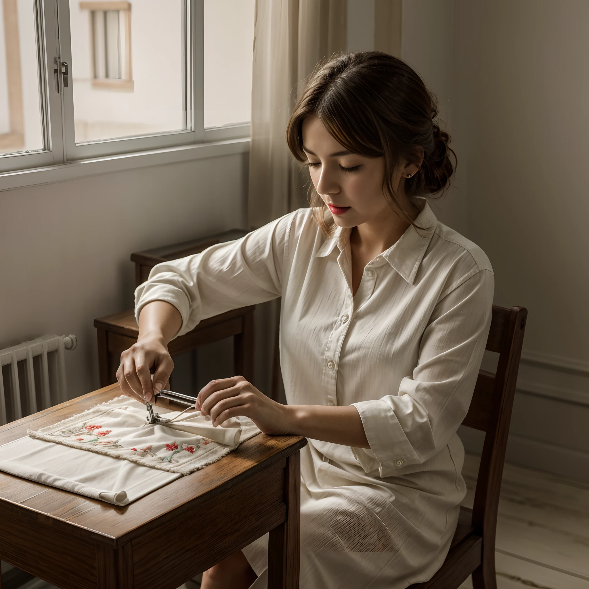 an old seamstress is sewing, (masterpiece, best quality), 1woman, full body, face marked by age, hide feet, documentary photo of Italian old woman wears very torn white shirt and a dirty old red long skirt, She is intent on sewing. She is embroidering a lace on a white sheet. The woman sews with needle and thread. Sitting in an old armchair. Typical old Italian room, smoke in the air, Tyndall effect, small particles in the air, very diffuse light, determined movements, green_eyes, red lips, slightly open mouth, closed eyes, soft light, lens flare, silhouette shadows, high res photo, high detailed, (highly detailed skin:1.2), 16k, High details. ultra high res.photorealistic:1.4, UHD, DSLR, soft lighting, high quality, grain color film, FujifilmXT3, low angle point of view
