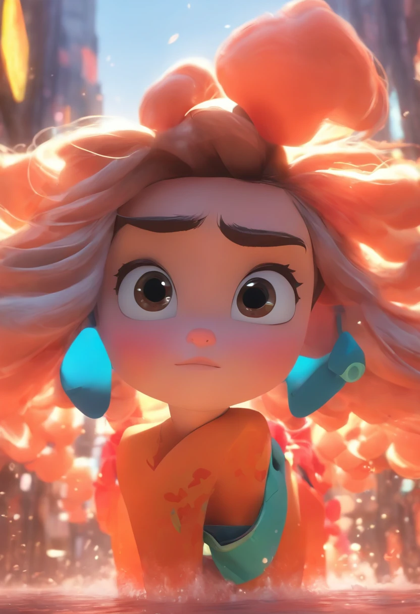（Estilo Pixar),Menina chinesa de cinco anos，Uma caverna aterrorizante，Mochilas，Modelo de personagem em miniatura, Realistic proportions, Post-processing, ((perspectiva ortogonal)), Super Detalhe, Realistic, super realistic, photoreal render,