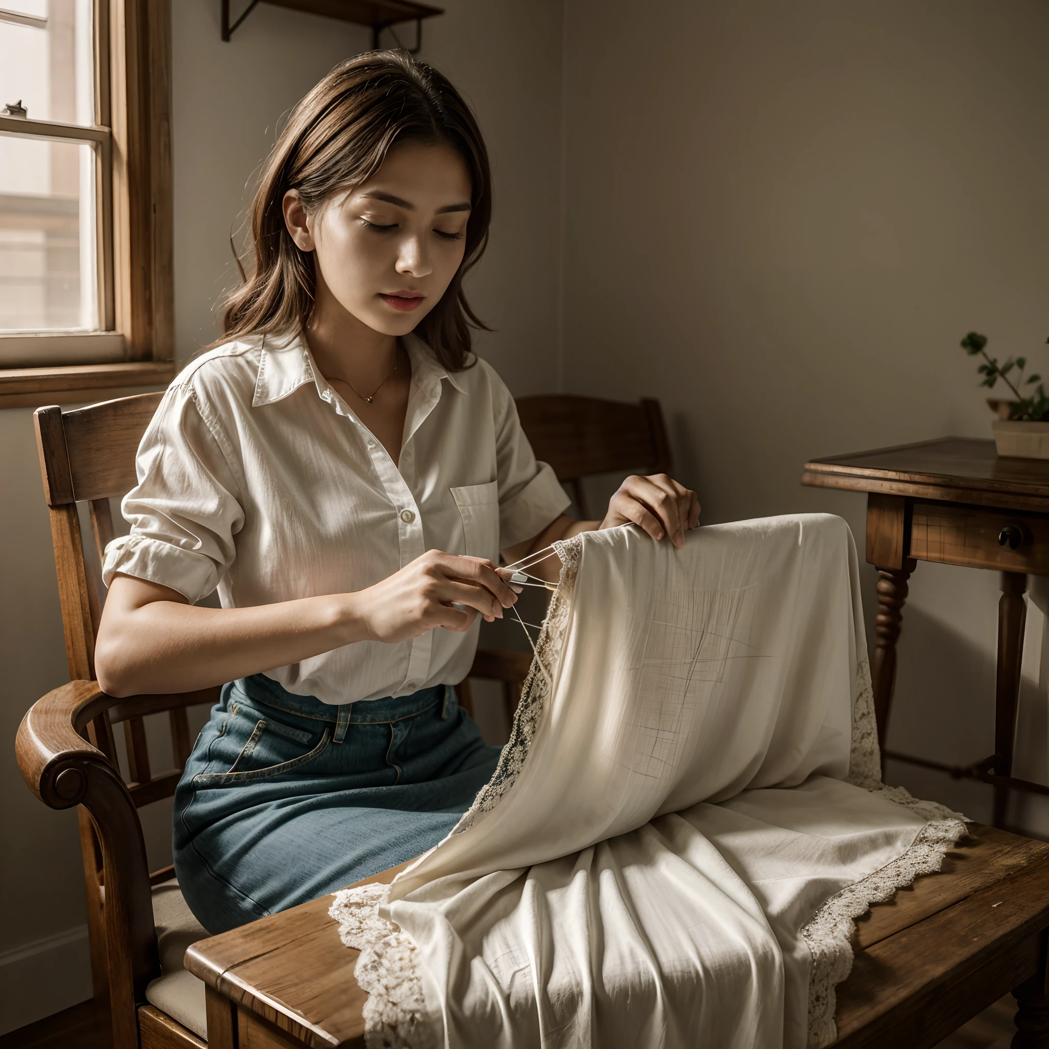 an old seamstress is sewing, (masterpiece, best quality), 1woman, full body, face marked by age, hide feet, documentary photo of Italian old woman wears very torn white shirt and a dirty old red long skirt, She is intent on sewing. She is embroidering a lace on a white sheet. The woman sews with needle and thread. Sitting in an old armchair. Typical old Italian room, smoke in the air, Tyndall effect, small particles in the air, very diffuse light, determined movements, green_eyes, red lips, slightly open mouth, closed eyes, soft light, lens flare, silhouette shadows, high res photo, high detailed, (highly detailed skin:1.2), 16k, High details. ultra high res.photorealistic:1.4, UHD, DSLR, soft lighting, high quality, grain color film, FujifilmXT3, low angle point of view