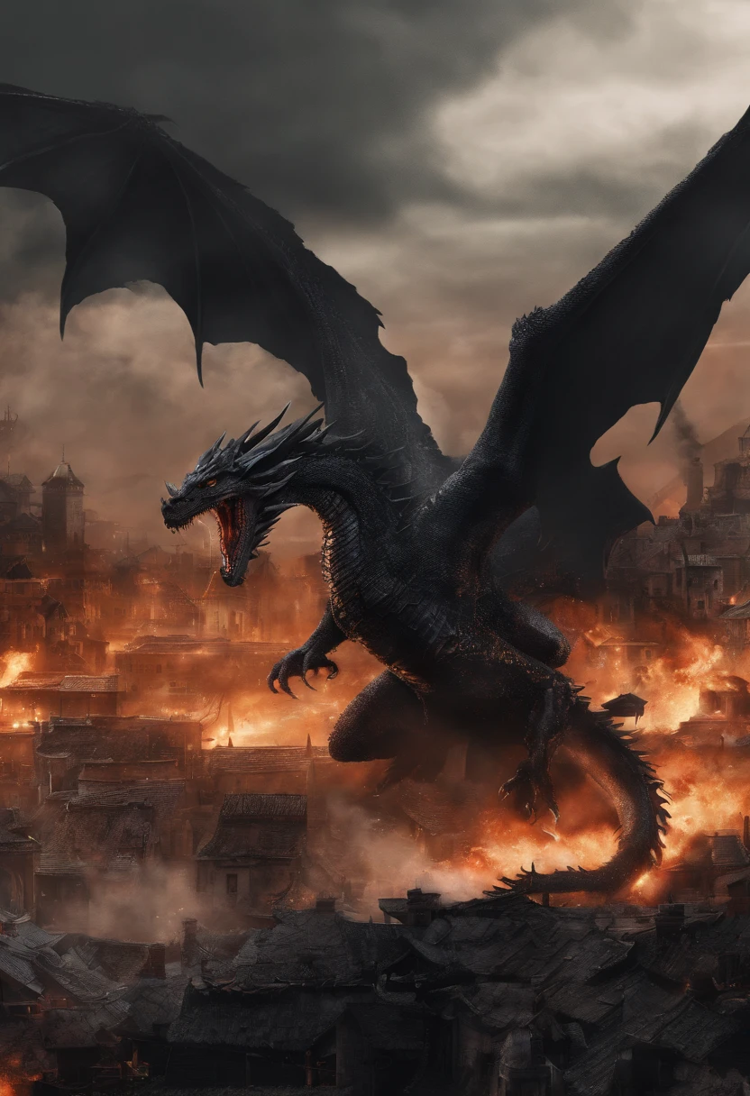 ((high quality)), ((masterpiece)), a girl warrior riding a black dragon above a village on fire, shooting her bow at another dragon in the sky