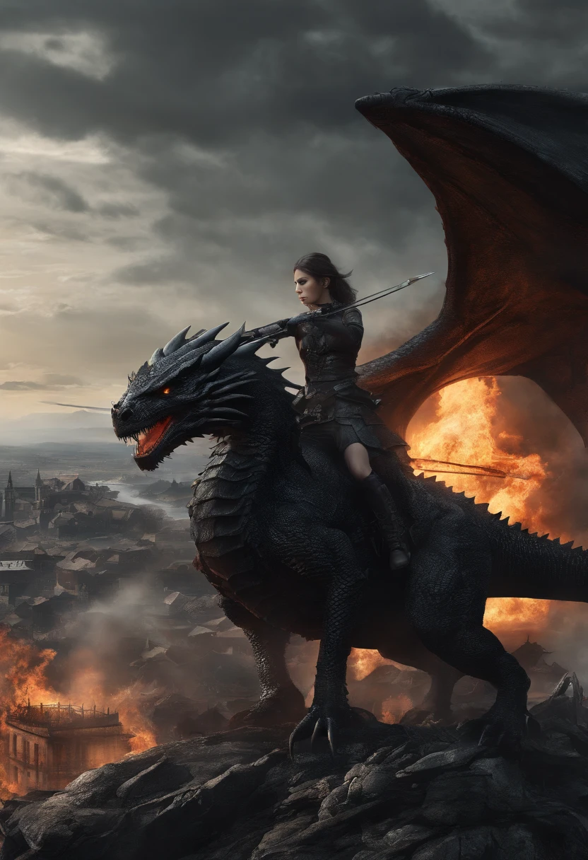 ((high quality)), ((masterpiece)), a girl warrior riding a black dragon above a village on fire, shooting her bow at another dragon in the sky