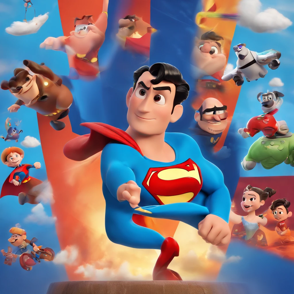 Create a Disney Pixar-inspired poster with the Superman character with the clouds behind it