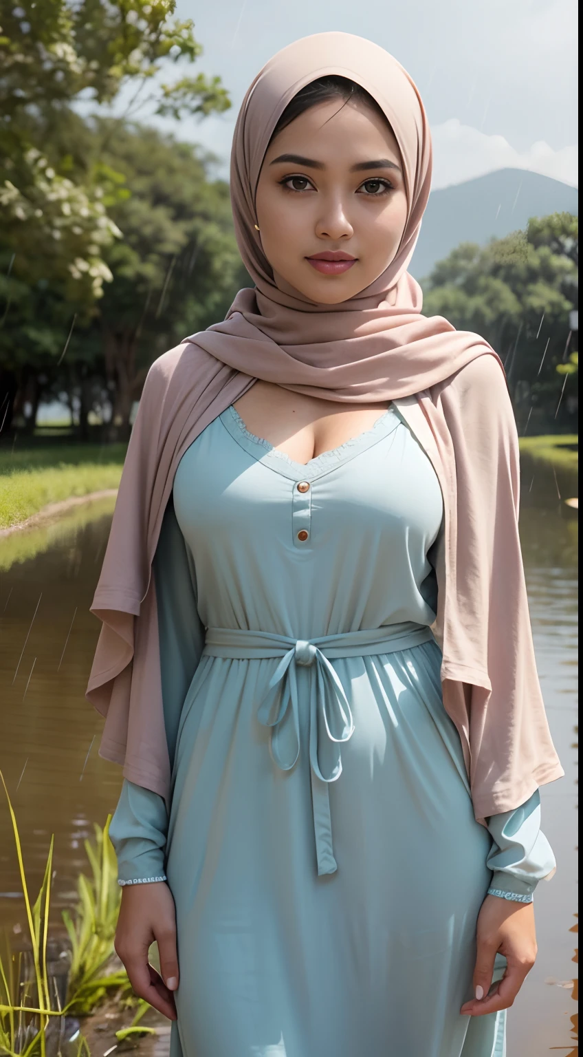 RAW, Best quality, high resolution, masterpiece: 1.3), beautiful Malay woman in hijab (iu:0.8),cleavage, RAW, Best quality, high resolution, Masterpiece: 1.3, Beautiful  hijabi malay girl, Masterpiece, Soft smile,Beautiful Malay women wear pastel color hijab in rice paddy, bright sunshine, ankle length dress, shawl, long sleeved shirt, bright clothing, dark skin, highres,4k,HDR,1girl, photorealistic, realistic,sweat skin, thin face, big breast, perfeck make up, big eyes, glossy lips, soft smile, thick sexy body, cleavage, portrait, cinematic, realistic, photo, standing in a rice field, dirt on clothes, mud on boots, raining heavily, wet body, raining heavily,