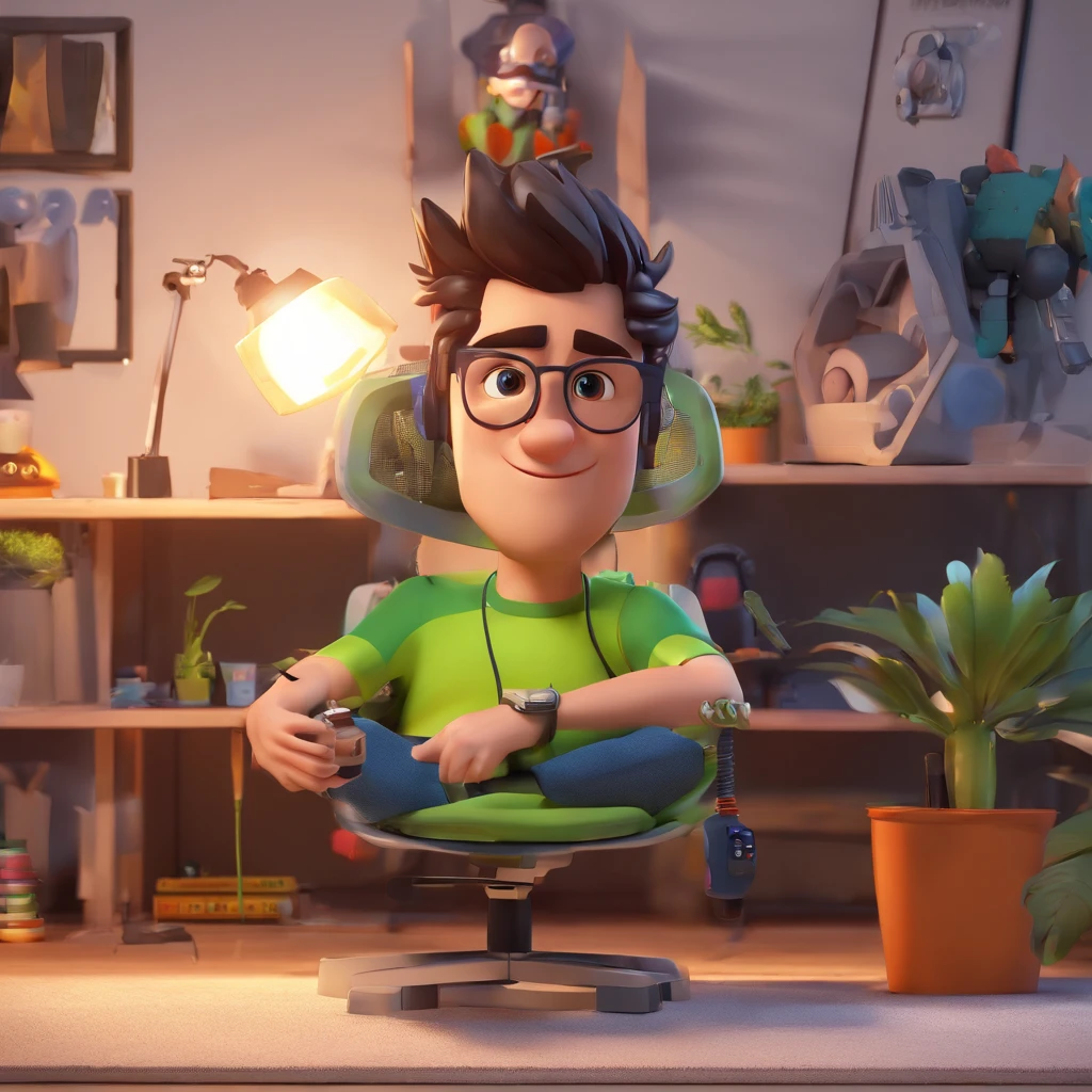 Crie um avatar isnspirado na Disney Pixar com o personagem sendo um rapaz moreno, olhos pequeno, eyeglass, cabelo preto curto, he's sitting in a chair in his gaming room with his gaming PC